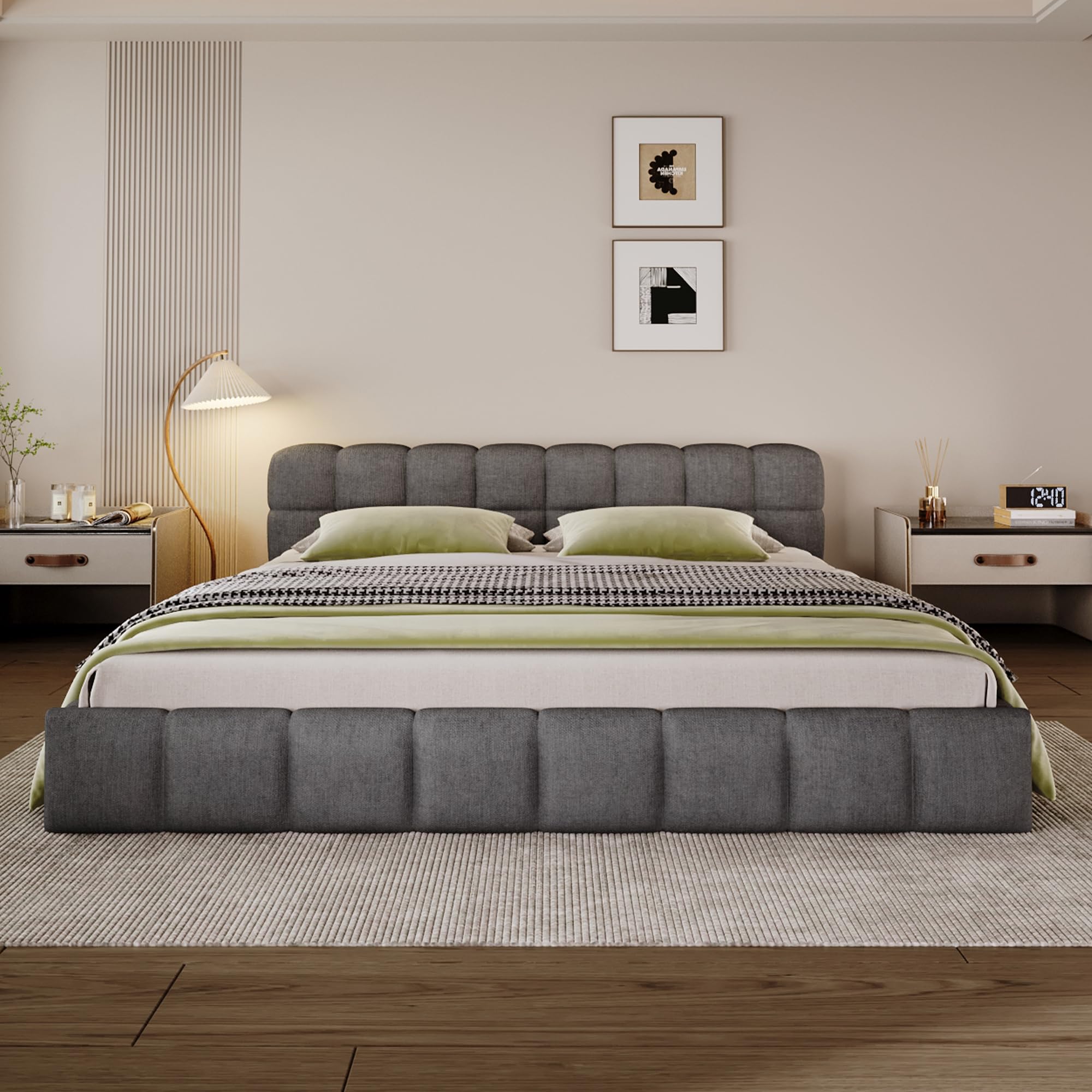 ROCKRAIN King Upholstered Platform Bed: Modern Checkerboard Headboard with Thick Padding & Sturdy Wood Slats - Grey Fabric Bed Frame for Master Bedroom & Adult Home Use