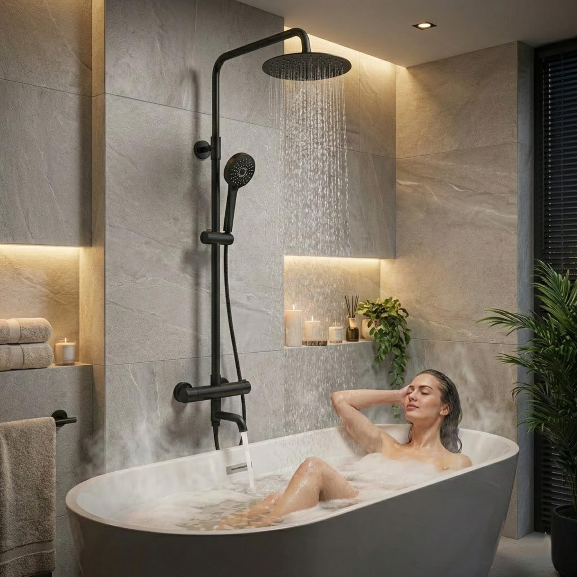 ARKO - Miscelatore termostatico con rubinetto per vasca da bagno, set doccia a pioggia e portatile, sistema termostatico per vasca e doccia (rotondo, nero)