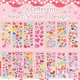 UPINS Valentine Stickers, 14 Sheets Over 500pcs Heart Stickers for Kids, Cute Puffy Colorful 3D Valentine\'s Day Crafts, Party Games