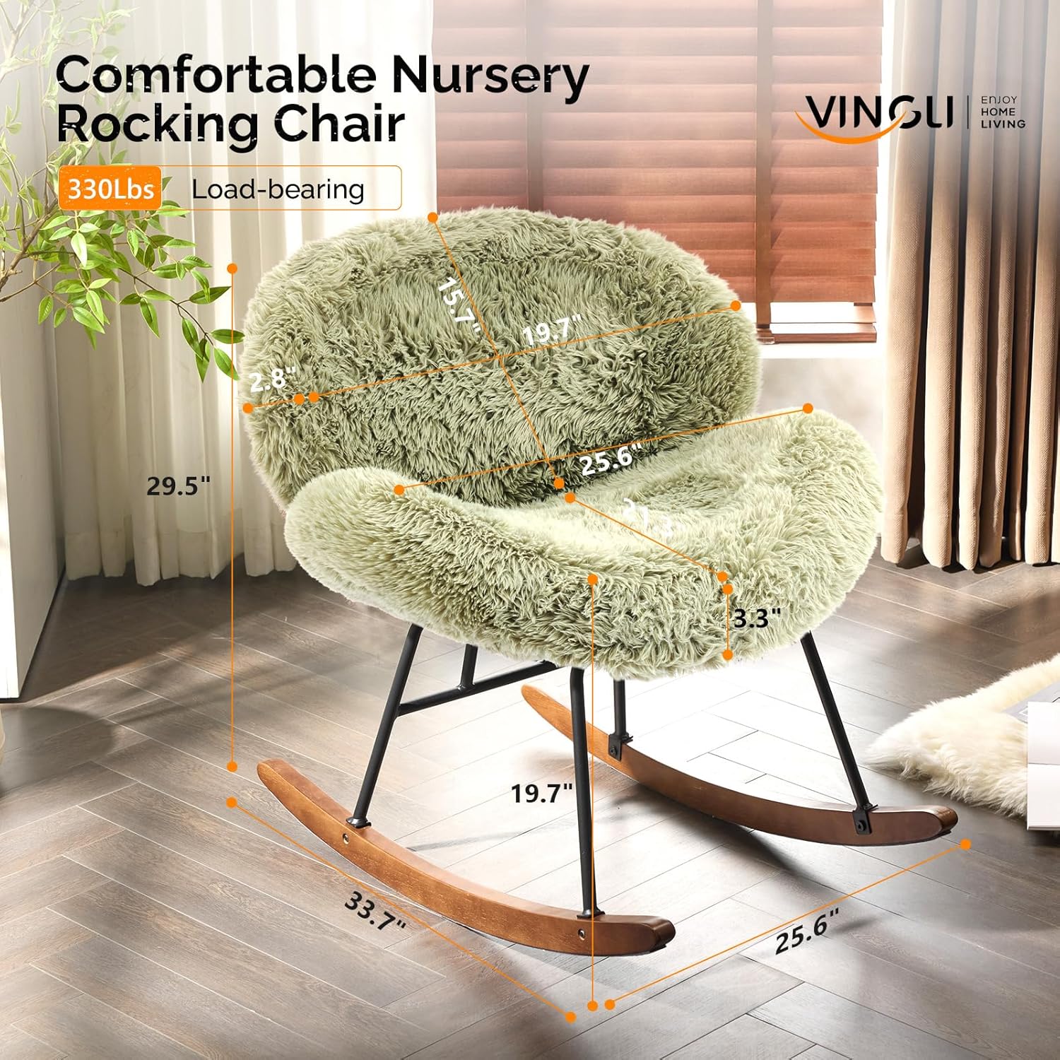 VINGLI 25.6" Extra Wide Criss Cross Nursery Rocking Chair,Cute Curved 115° Reclining Armless Glider,Plush Small Rocker w/Pillow & Solid Wood for Indoor,Bedroom, Living Room,Fluffy Fleece,Lawn Green