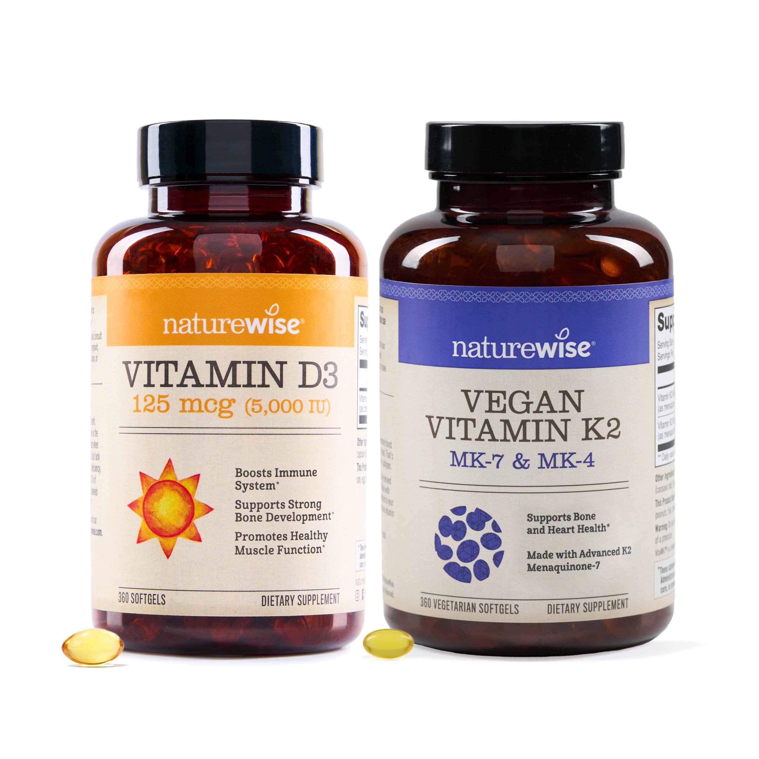 NatureWise Vitamin D3 5000IU (125mg) 360 Count + Vitamin K2 MK-7 100mcg and MK-4 500mcg 90 Count - Bundle for Bone & Heart Health - Gluten Free, Non-GMO, Halal