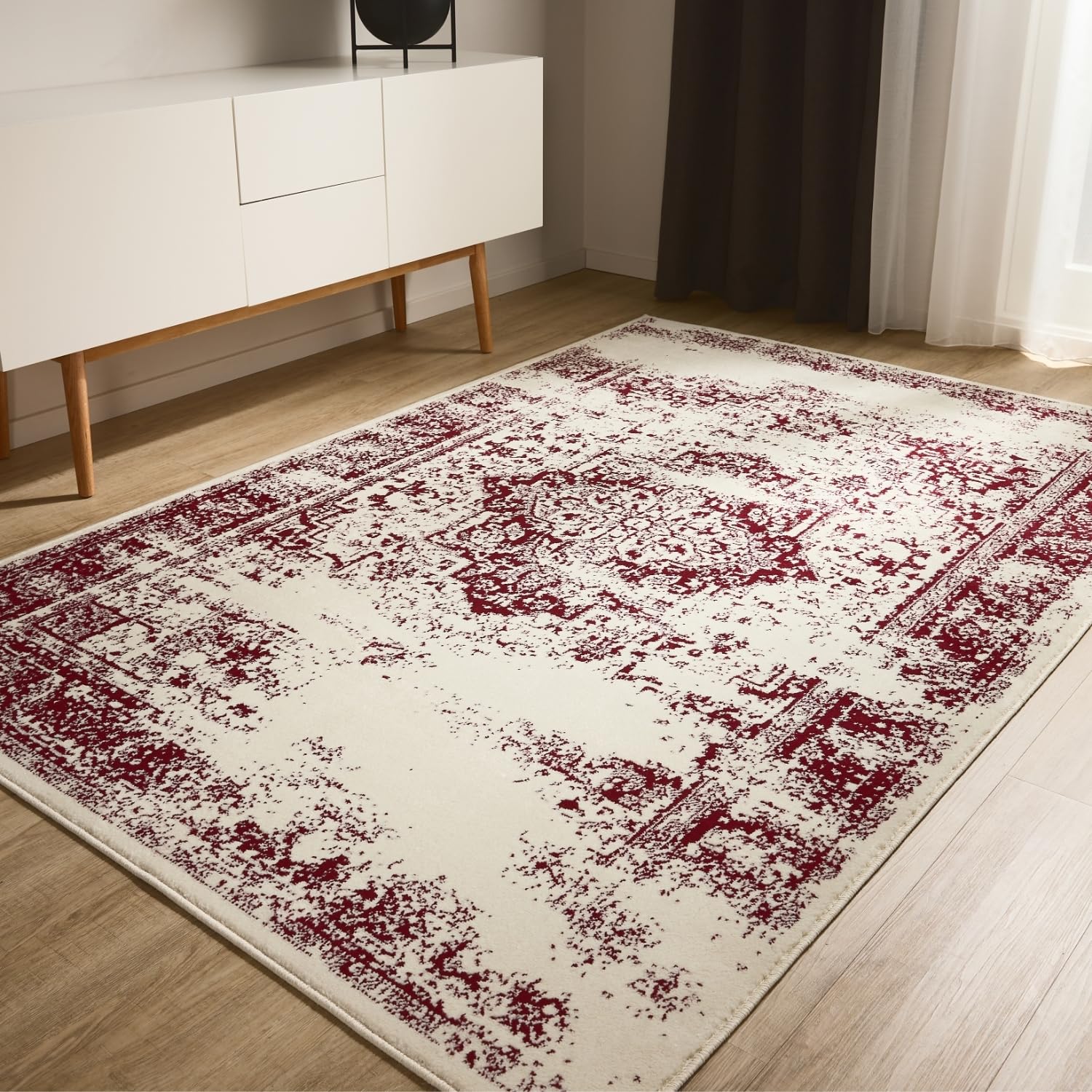 benuta Basic Teppich Suki - Creme/Rot 200x300 cm - Kunstfaser - Rechteckig & im Style: Vintage, Orient Style - Pflegeleicht für Wohnzimmer Schlafzimmer