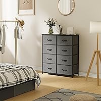 Vista 2 de Sweetcrispy Cómoda para dormitorio, cómoda de tela con 8 cajones, cómoda alta doble, cómoda con cajones para armario, sala de estar, marco de acero