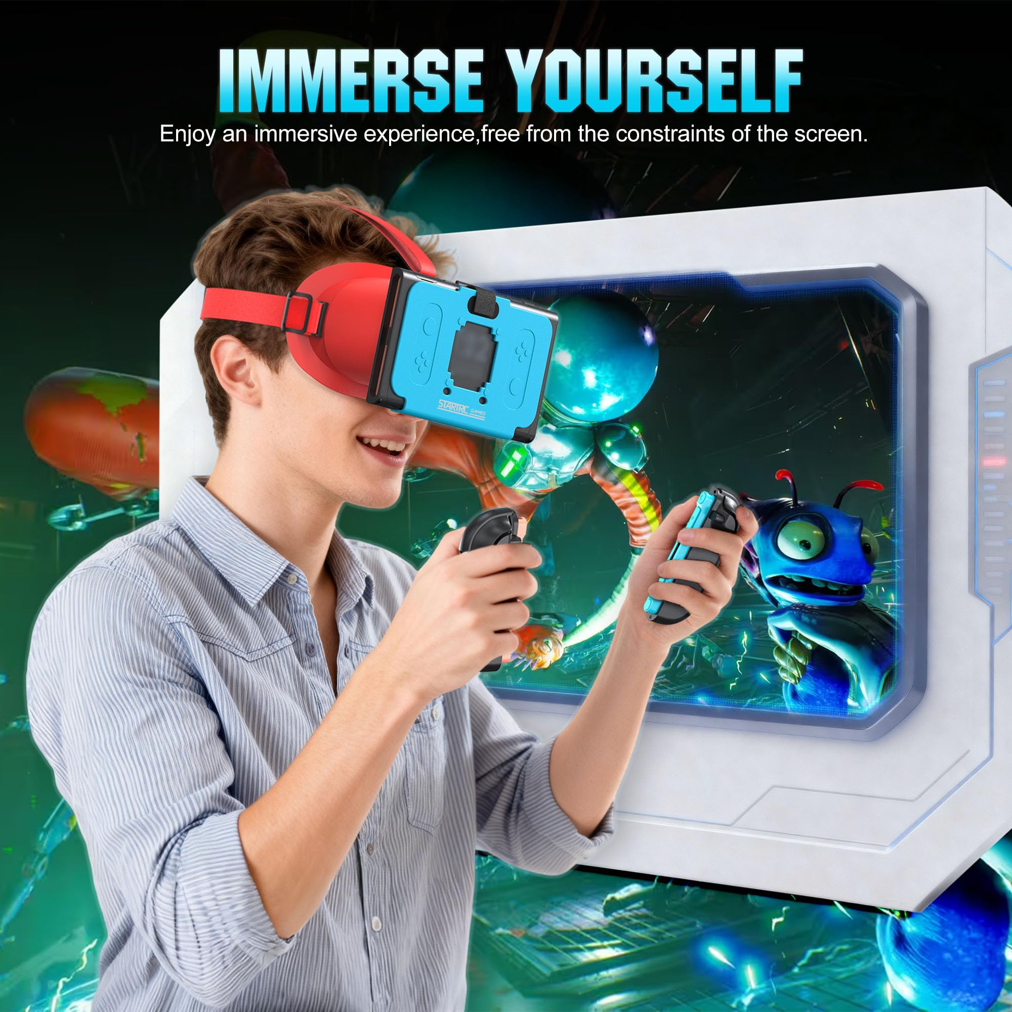 Auriculares VR para Nintendo Switch 2 (2025), lentes HD ajustables y cómoda correa para la cabeza para gafas de realidad virtual SW2, gafas 3D para accesorios Switch 2 (azul rojo)