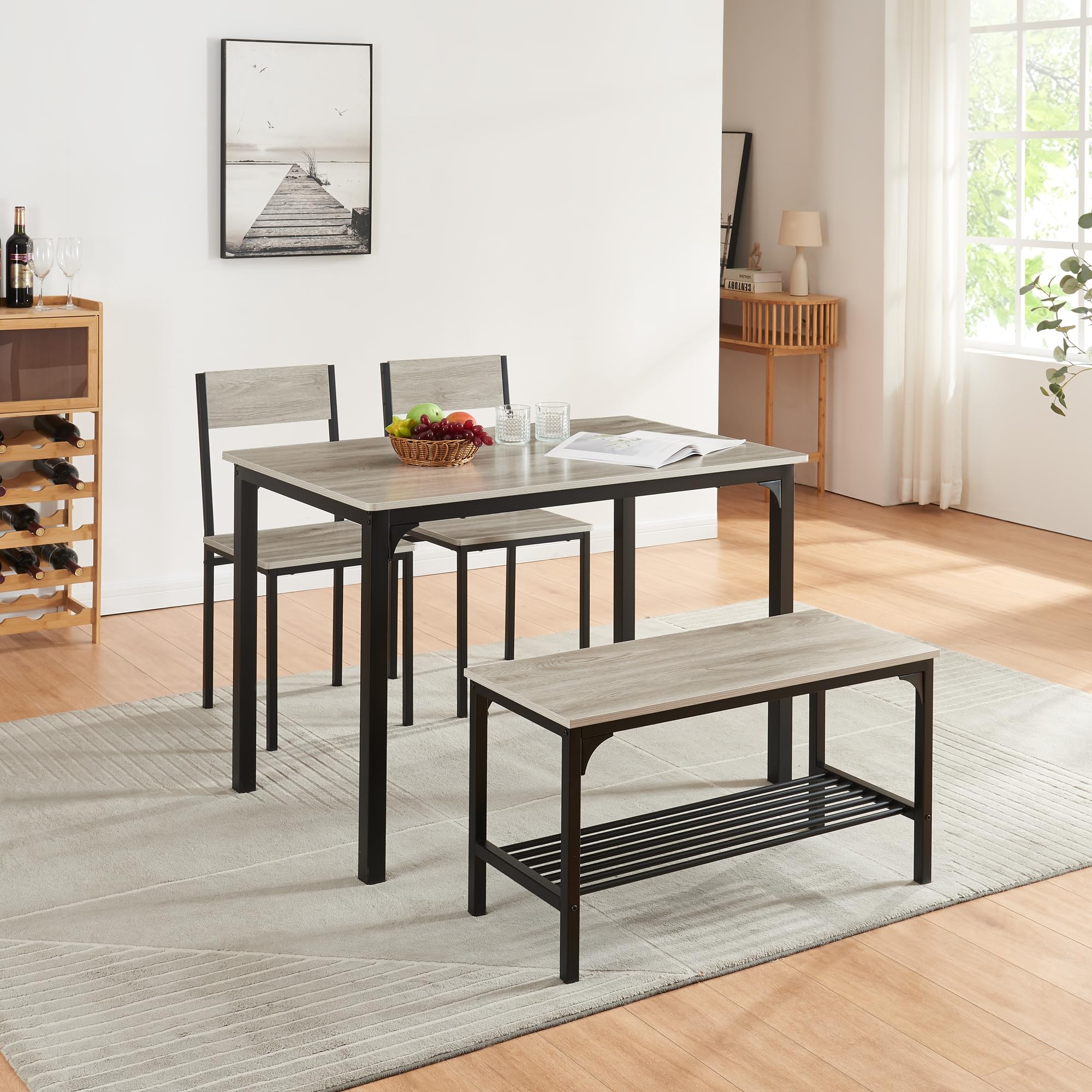 Panana 4 Seats Dining Table Set Wooden Compact Table 2 Chairs 1 Bench Set Metal Kitchen Room Furniture (Grey)