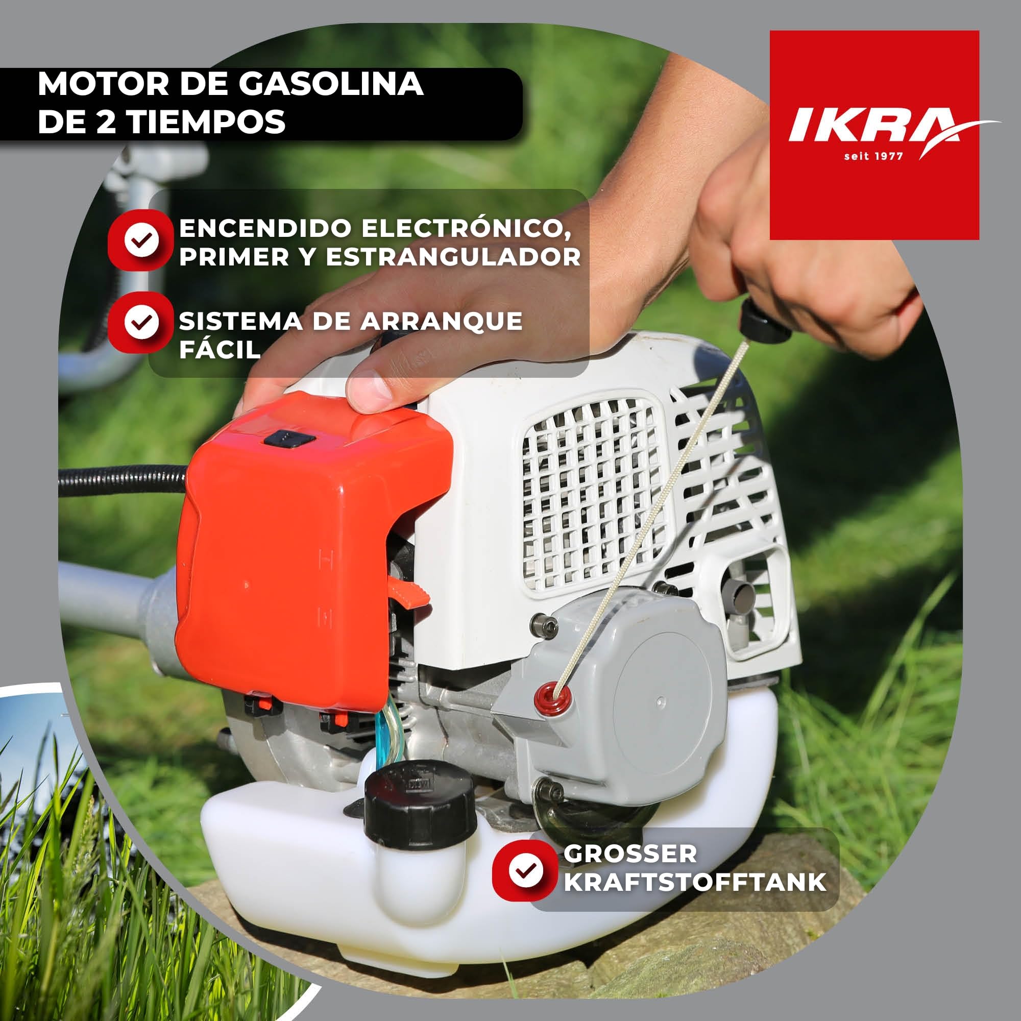 IKRA desbrozadora a Gasolina IBF 43, con Bobina de Hilo y Cuchilla | 42,7cm³ 1,1kW, motor de 2 tiempos, cambio de filtro de aire sin herramientas, empuñadura de aluminio ajustable tipo bicicleta