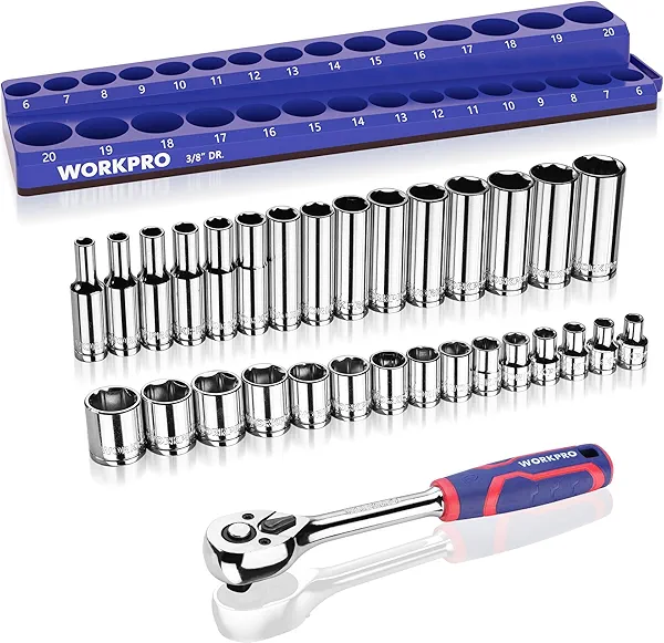 WORKPRO 32-Piece 3/8-inch Drive Metric Sockets and Ratchet-Including 30 Metric Deep and Shallow Sockets, 6-20mm with Magnetic Organizer and 72-Tooth Quick Release Reversible Ratchet for Auto