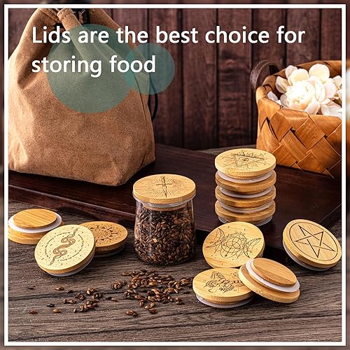 Miniatura 6 de Juego de 12 tapas para tarros de yogur inspirador de bambú con tapas de madera metafísica floral con sellado de silicona compatible con tarros de