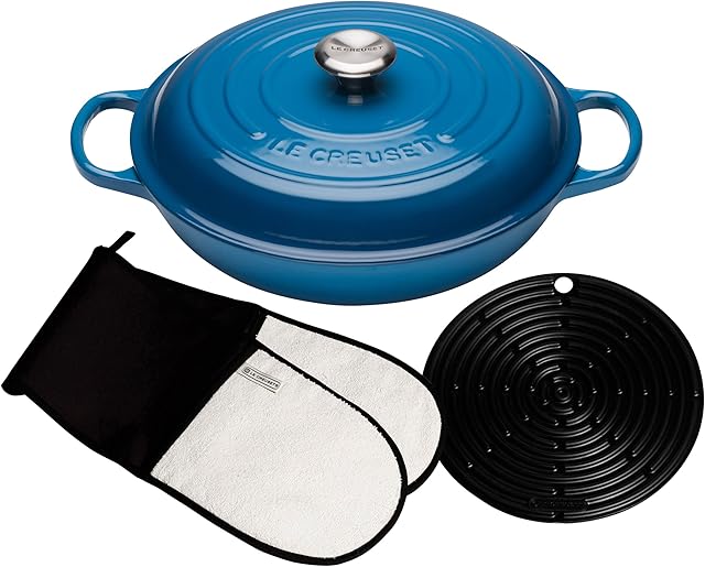 Le Creuset Signature Cast Iron Shallow Casserole with Accessories, 30 cm - Marseille Blue