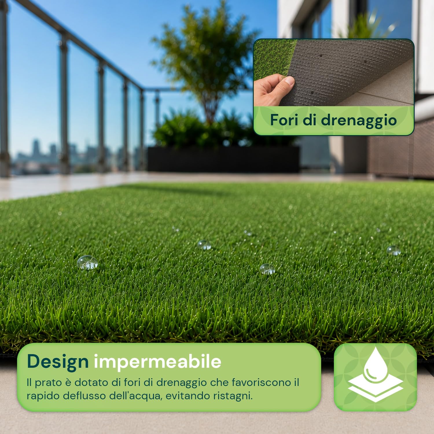 Prato Sintetico 1x3 m Effetto Erba Naturale - Tappeto Erba Artificiale Drenante per Giardino, Balcone e Terrazzo, Manto Erboso Calpestabile Resistente UV, Alta Densità e Morbido (1x3m)