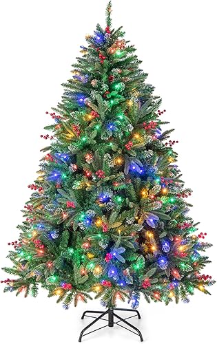 Goplus Árbol de Navidad artificial preiluminado de 7 pies, árbol de Navidad con bisagras con 390 luces LED multicolor, 1363 puntas de ramas de PVC y