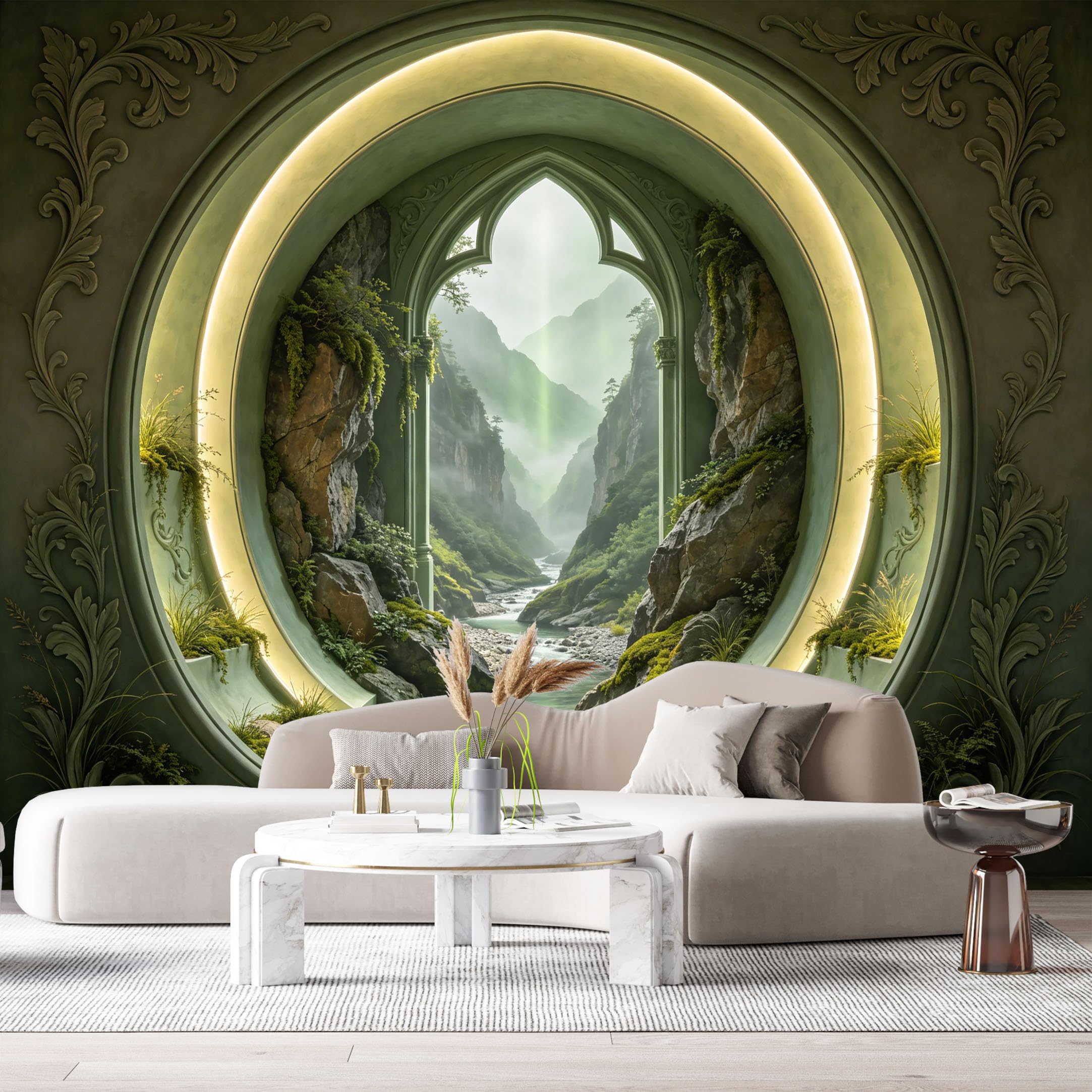 Custom Size Wall Murals Gothic Arch Misty Mountain Valley Stream 3D Trompe L'Oeil SelfAdhesiveWall Fabric Removable Wallpaper Wall Decor for Living Room Bedroom Bathroom