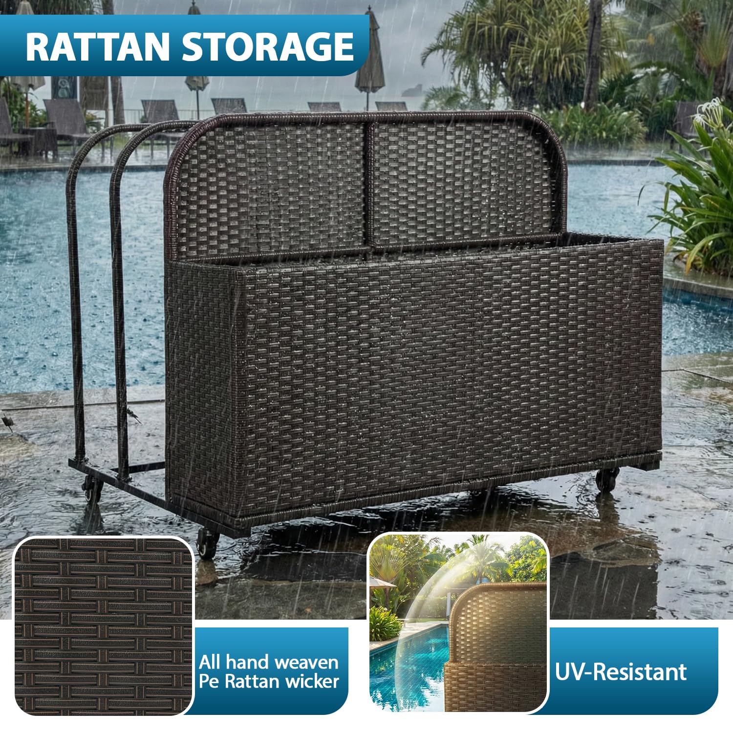 FDW Contenitore per galleggianti da piscina, con ruote, cestino in rattan sintetico, scomparti aperti per galleggianti, noodles, giubbotti di salvataggio, palline da spiaggia, attrezzature cuscini