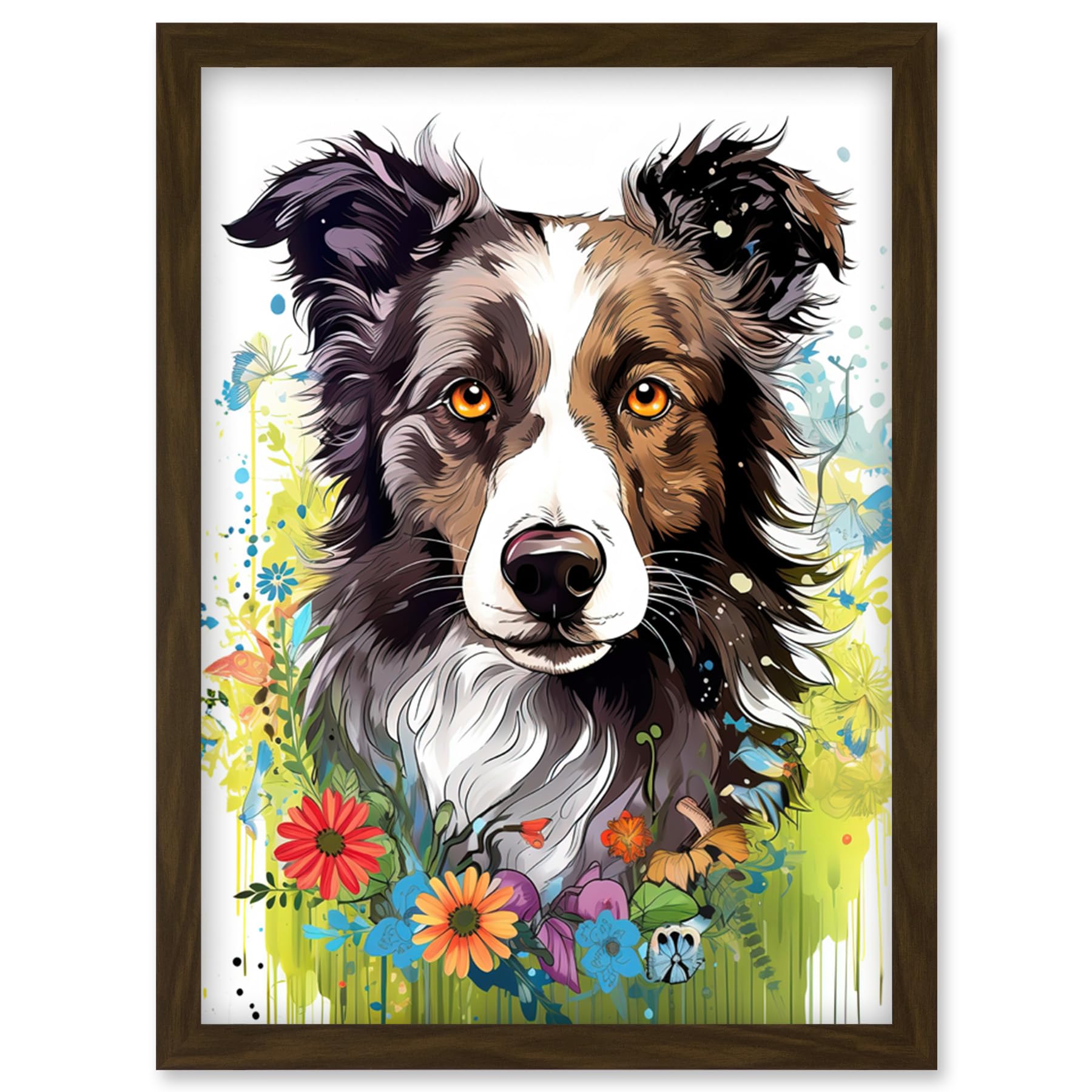 Artery8 Border Collie Dog Bright Watercolour Painting Floral Portrait with Wildflowers and Butterflies Artwork Framed Wall Art Print A4
