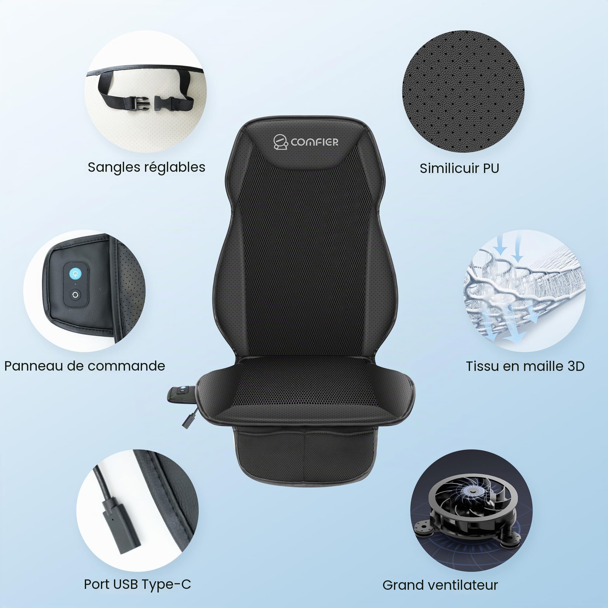 COMFIER Coussin de siège Auto rafraîchissant 12V, Housse de siège ventilée pour siège Avant, température réglable, Ajustement Universel pour Voiture, Camion et SUV, Noir