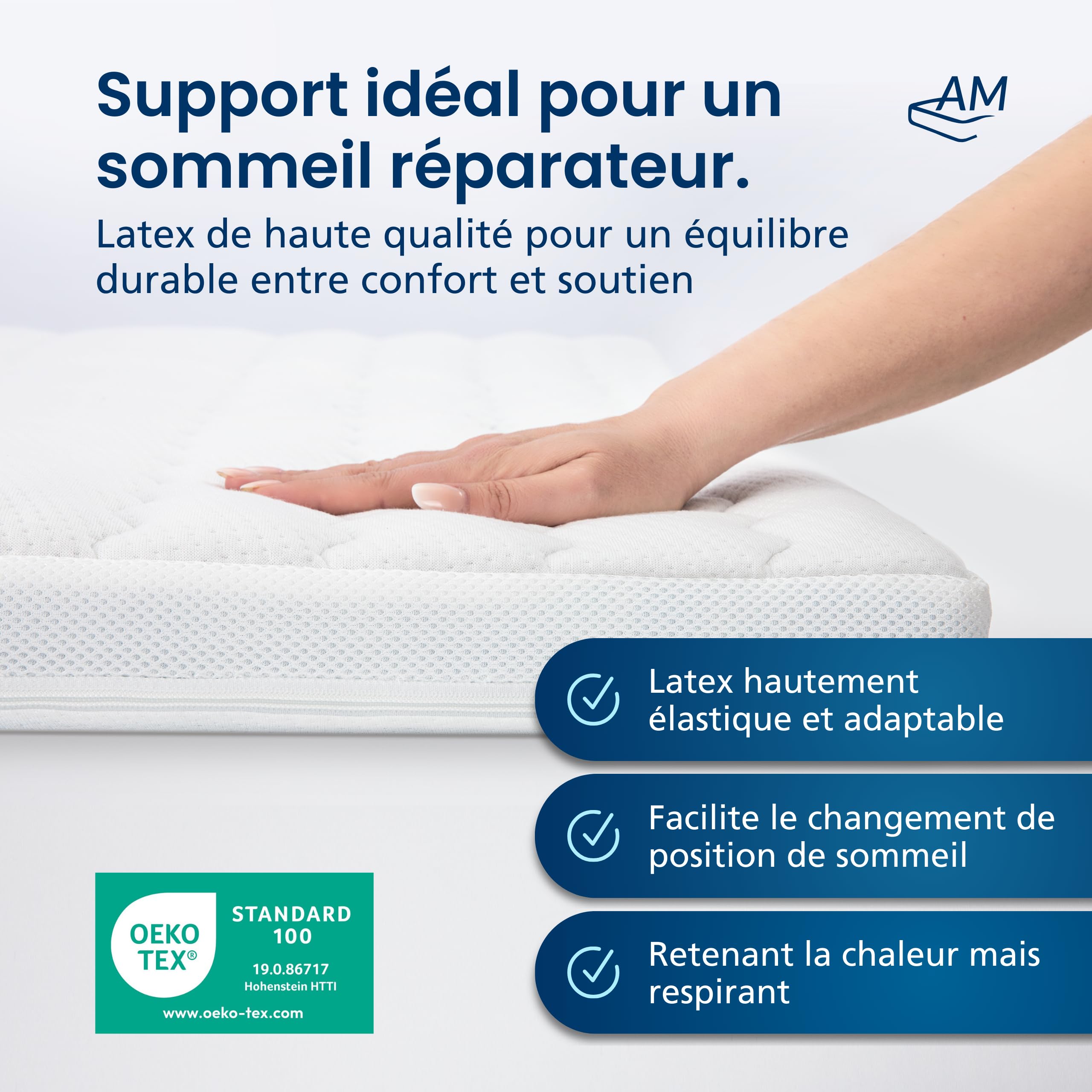 AM Qualitätsmatratzen Surmatelas en latex de qualité supérieure 80 x 200 cm RG65 – Fabriqué en Allemagne – Surmatelas en latex naturel respirant 80 x 200 cm – Surmatelas 80 x 200 cm avec housse en