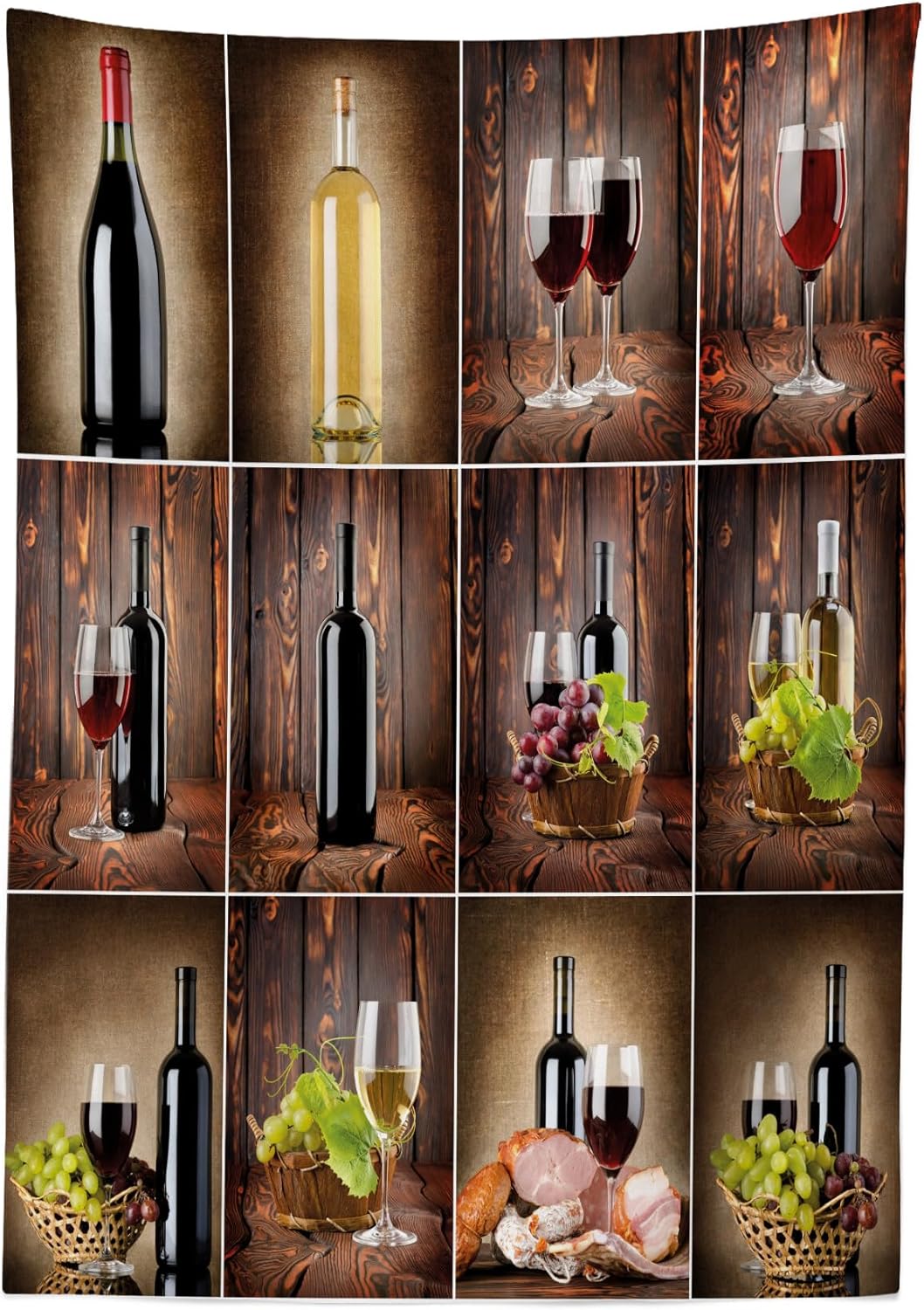 Ambesonne Wine Tablecloth, Wine Themed Collage on Wooden Backdrop with Grapes and Meat Rustic Country Drink, Dining Room Kitchen Rectangular Table Cover, 52" X 70", Brown Black