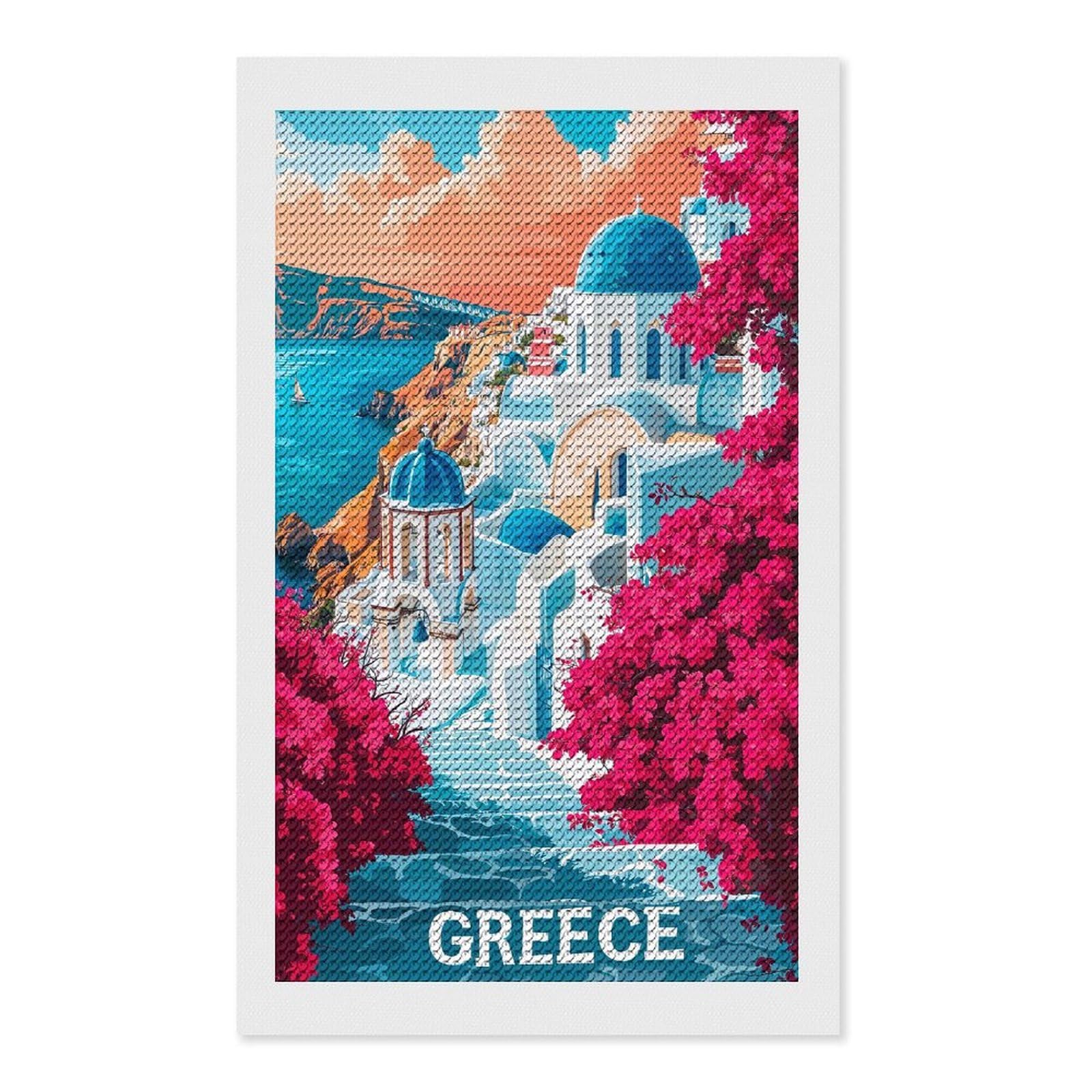 Junmoney Greece Travel (8) Diamond Art Canvas 12"x20", Full Kit Included, Bedroom Decor, for Beginners, Thoughtful Handmade Gift