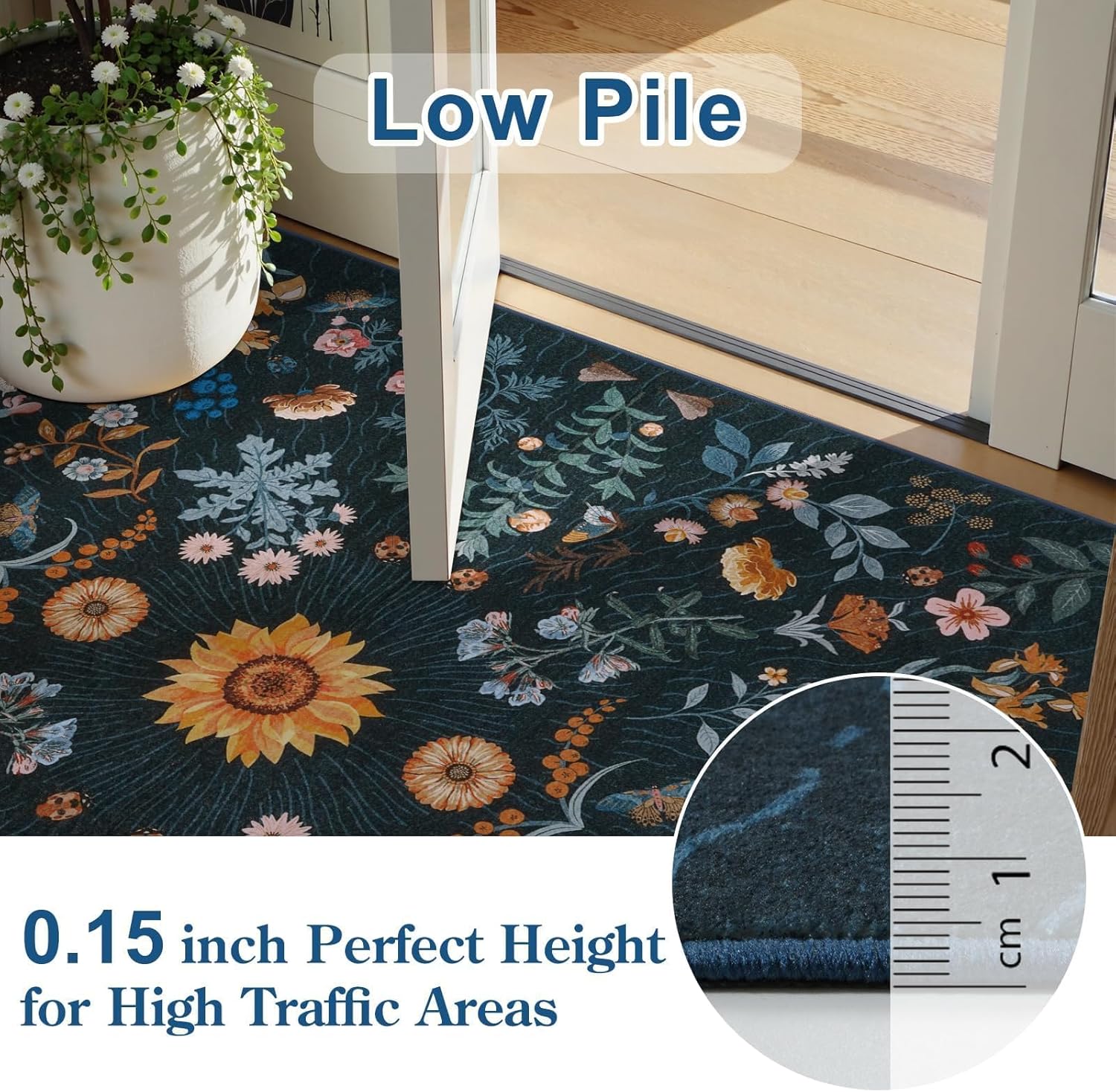 LIVEBOX Sunflower Botanical Washable 8x10 Area Rugs, Blue Rug for Living Room, Non Slip Rugs for Bedroom, Boho Floral Indoor Throw Dining Room Carpet for Under Table Home Office Nursery Playroom