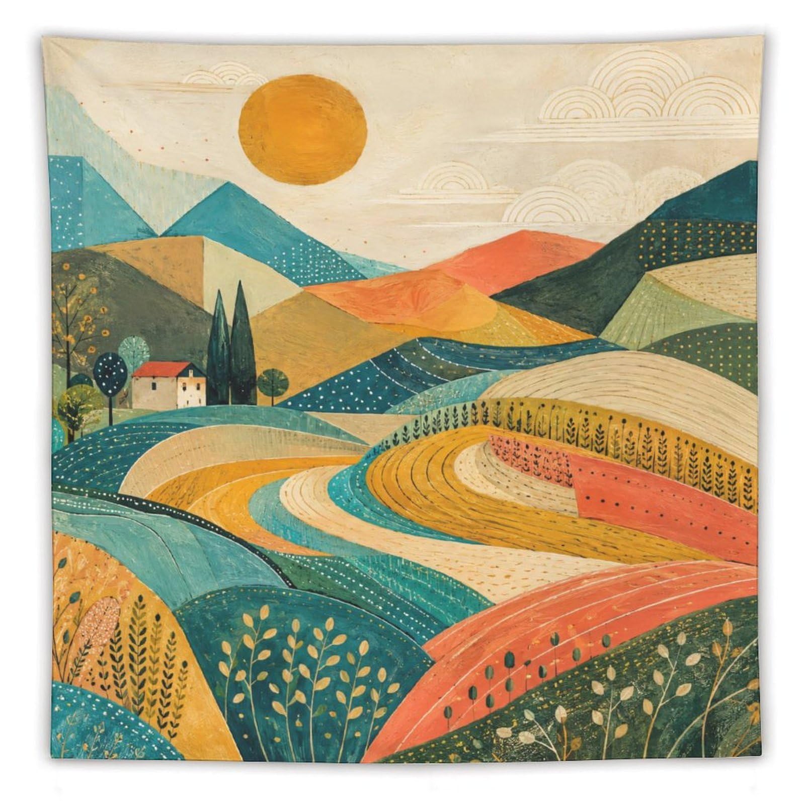 W7C8U2X3 Colorful Rolling Fields Wall Tapestry, Geometric Art, Office