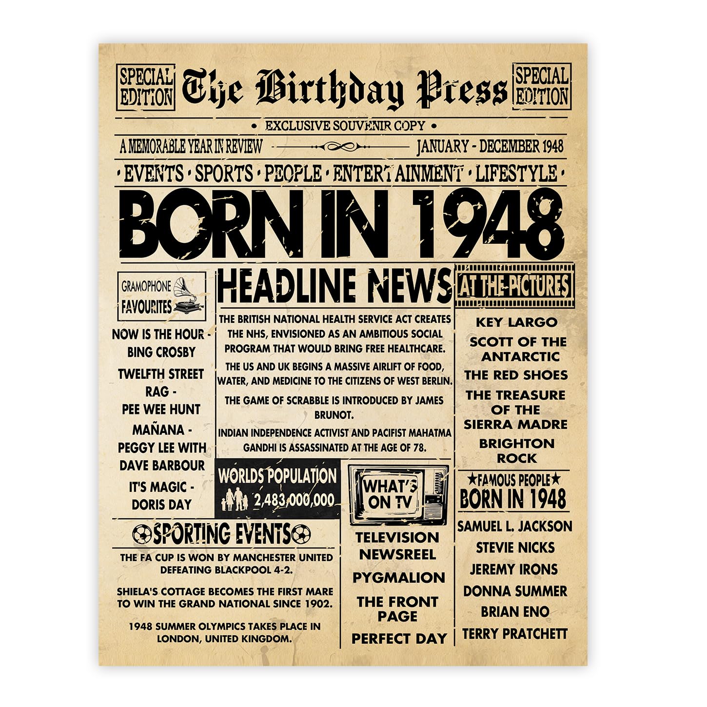 Stuff4 Women's 1948 78Th Birthday Poster Unframed - Born In Vintage Newspaper - Happy 78Th Birthday Gifts For Men Retro Back In 8X10 Inch Decor Decoration Bday Party