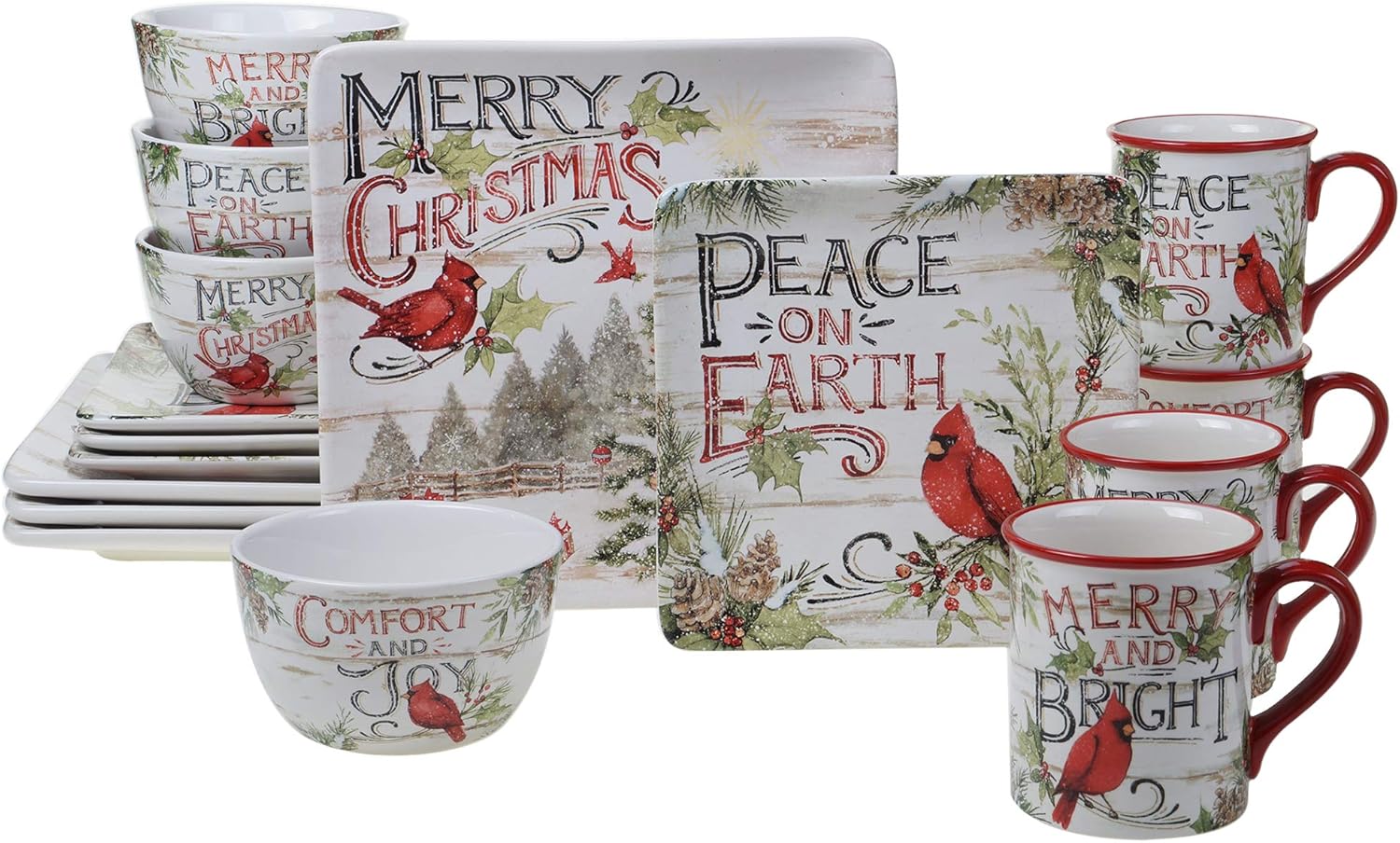 Evergreen Christmas 16-Piece Dinnerware Set – Ceramic Holiday Plates, Bowls & Mugs with Cardinal & Script Design – Service for 4 – Festive Dining for Christmas Gatherings