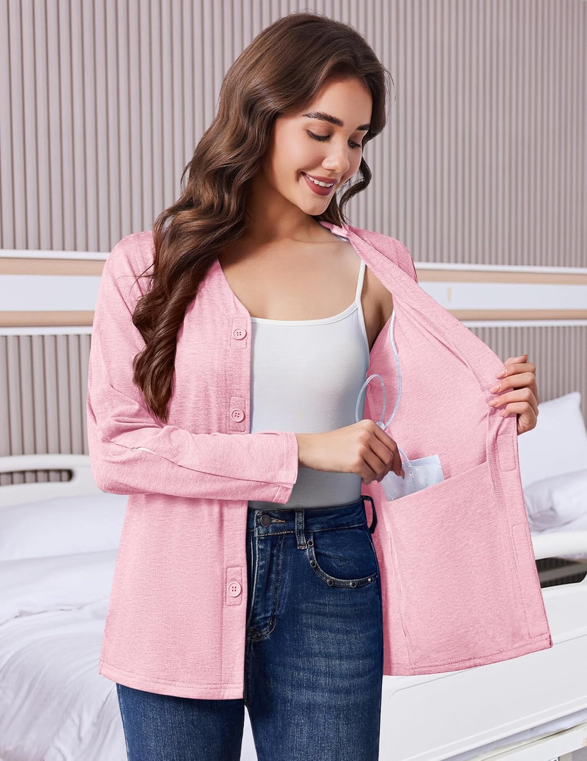 Deyeek Mastectomy Shirts with Drain Pockets Tear Away Side Snap Post Shoulder Surgery Shirts Women Chemo Port Dialysis Shirt - Image 2