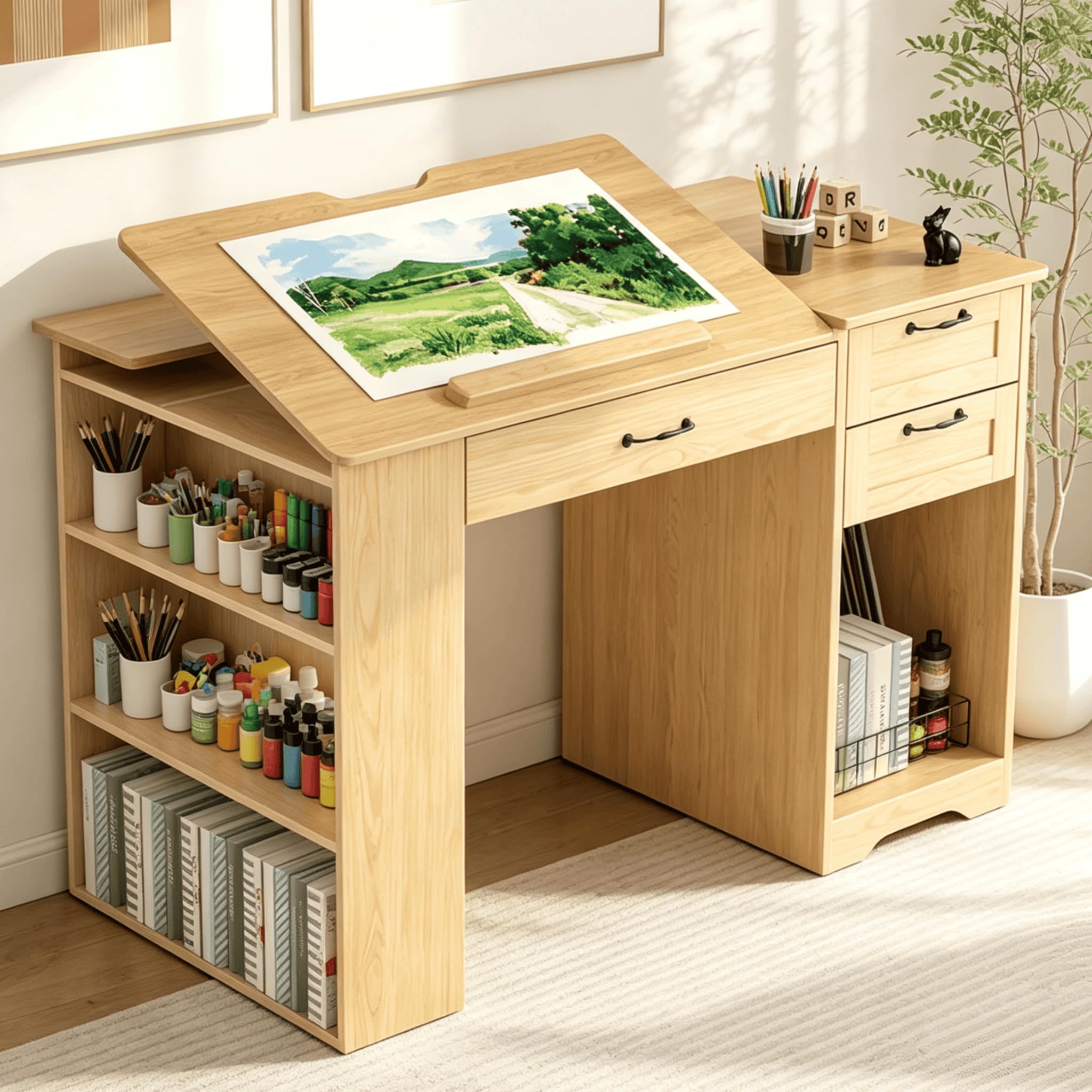 Drafting Table with Storage Cabinet &amp; Drawers, Adjustable Drawing Table with Open Shelves, Craft Art Desk for Artists, Painters, Drawing, Crafting, Reading, Writing, Working