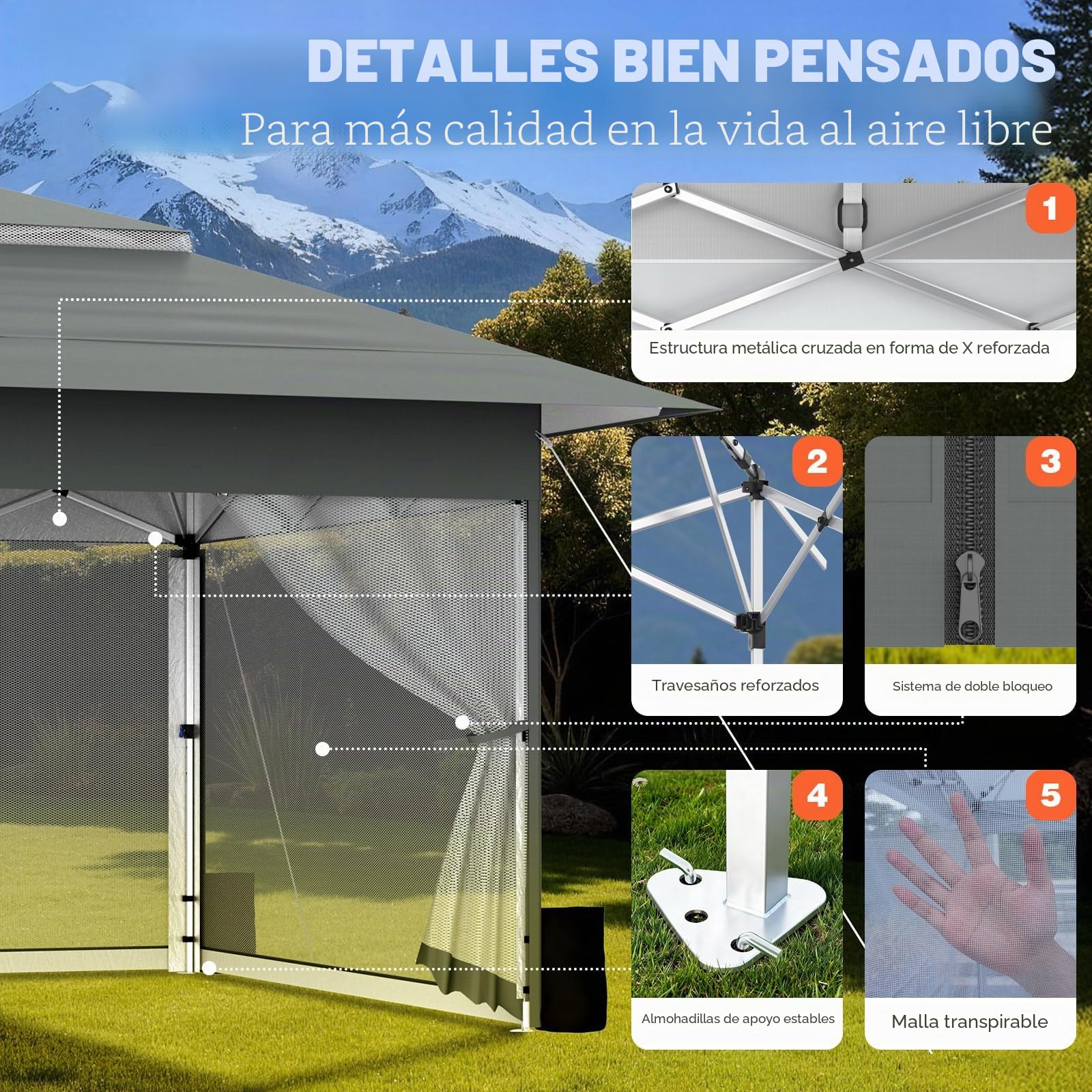 Huracan Pabellón de jardín Plegable 3,6 x 3,6m, Carpa Impermeable, Gazebo con 4 mosquiteras Laterales y Sacos de Arena, Regulable en Altura, Carpa de jardín con Techo Doble, Antracita