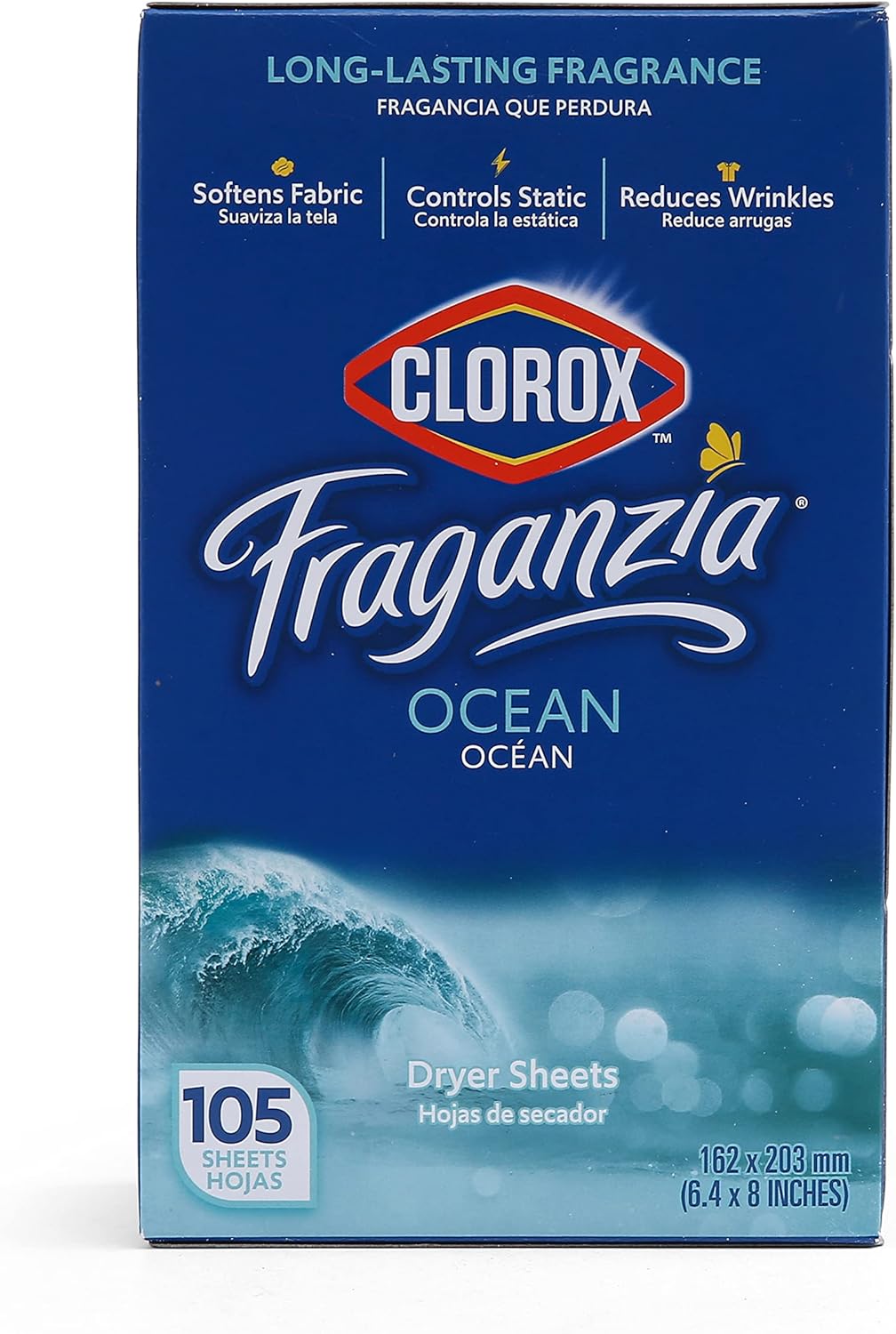 Clorox Fraganzia Fabric Softener Dryer Sheets, Wrinkle Reducing and Anti Static Laundry Dryer Sheets for Great Smelling Clothes, Softens Fabrics, Fresh Ocean Scent, 105 Count - 6 Pack