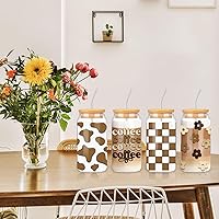 Vista 7 de Whaline Paquete de 4 vasos bohemios de 16 onzas con estampado de vaca, margaritas y flores a cuadros, con tapas de bambú, cepillos de limpieza