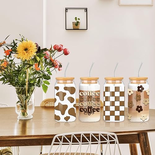 Miniatura 7 de Whaline Paquete de 4 vasos bohemios de 16 onzas con estampado de vaca, margaritas y flores a cuadros, con tapas de bambú, cepillos de limpieza para