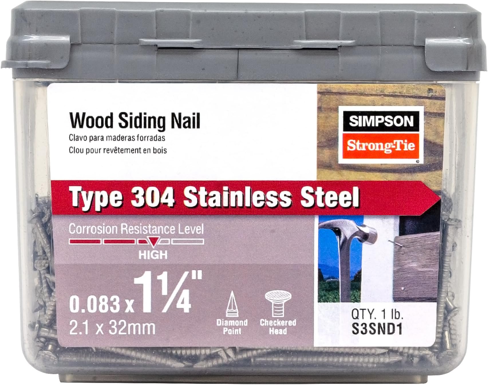 S3SND1 Ring-Shank Wood Siding Nail, 1-1/4 Inch x 0.083 Inch 14 Gauge, Full Round Head, Diamond Point, Type 304 Stainless Steel (Pack of 120)