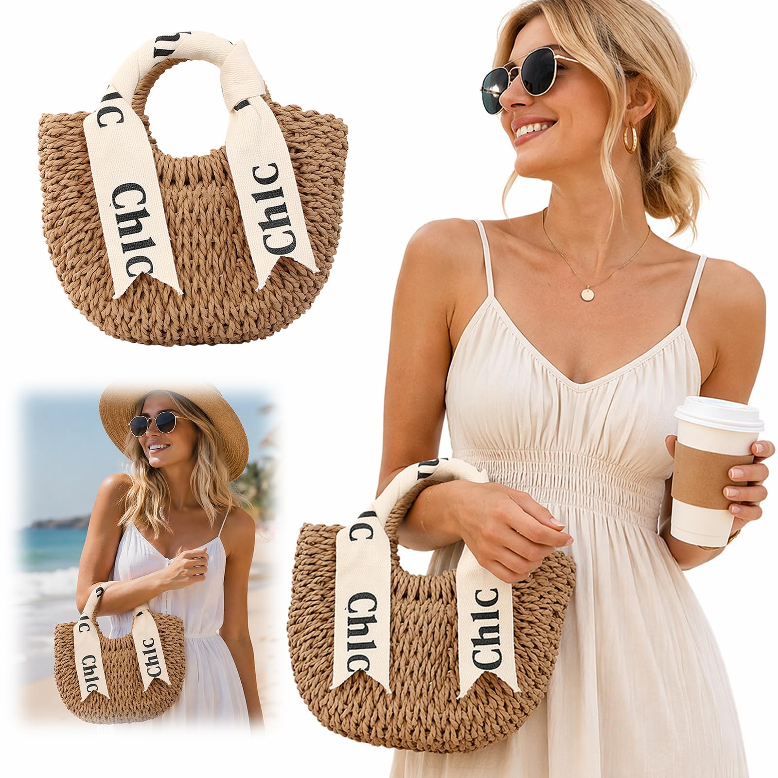 Borse da donna in paglia intrecciata a mezza luna in rattan intrecciato a | La borsa di totalizzatore della mezza luna tessuta paglia delle donne leggere offre il trasporto facile per lo shopping e il