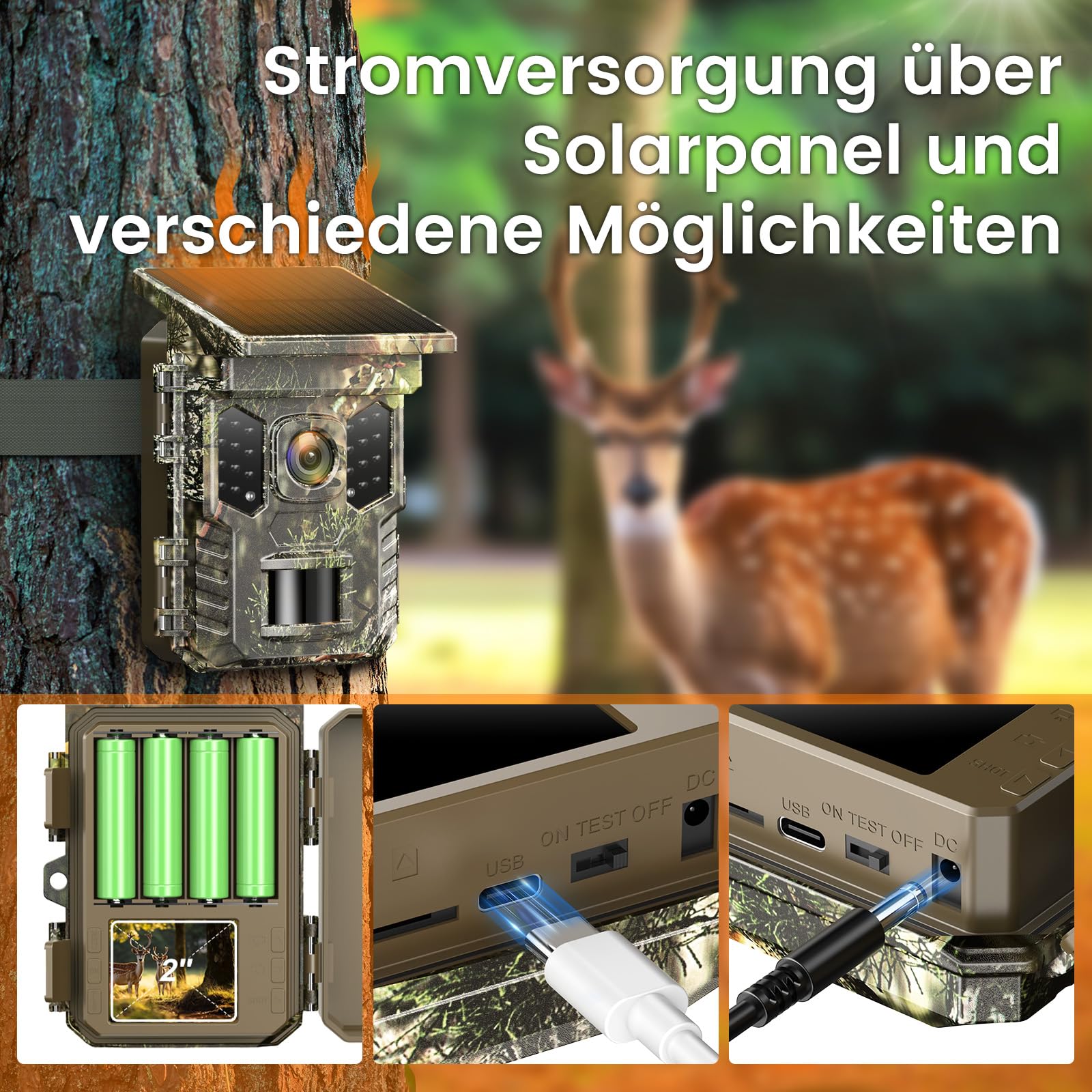 XTU Wildkamera 4K WLAN mit Handyübertragung, Bewegungsmelder Nachtsicht, IP66 Wasserdicht, 3 Stromversorgungsoptionen, 0,2s Auslösen