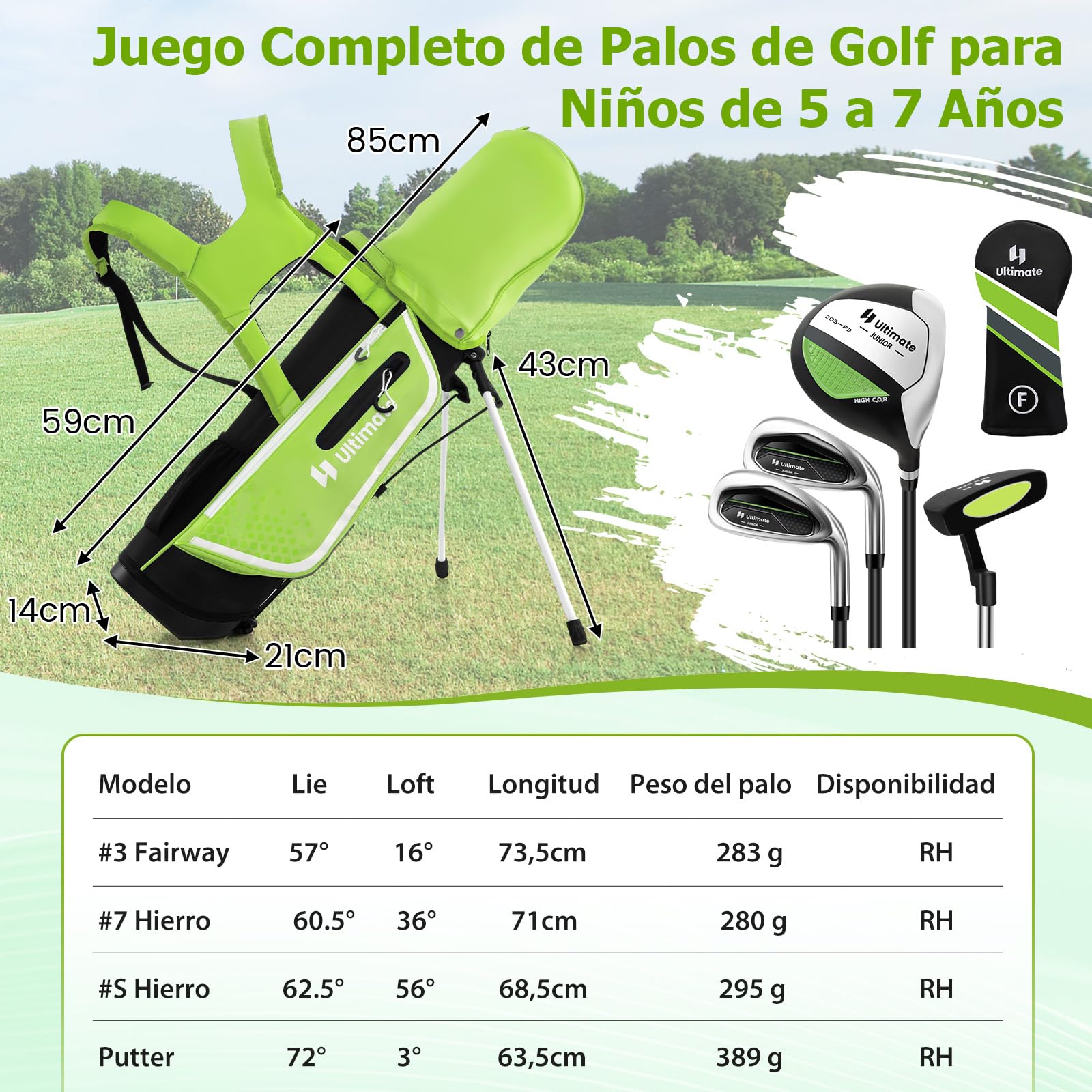 GYMAX Juego De Palos De Golf, para Niños Diestros De 5 A 7 Años, Incluye Fairway De Madera N.° 3 con Cubierta para La Cabeza, Hierros N.° 7 Y N.° S, Putter Y Bolsa con Capucha