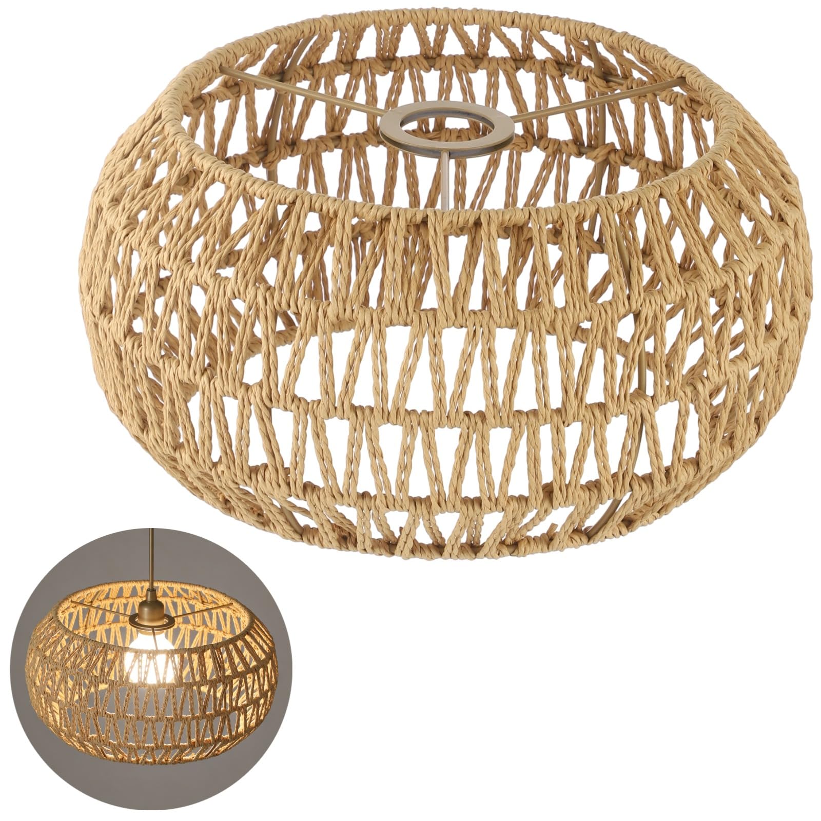Photo 1 of Rattan Lamp Shade, Retro Farmhouse Wicker Lampshade Replacement, 12.6" D×6.7" H Large Round Woven Lamp Shade for Floor Light, Pendant Light, Chandelier