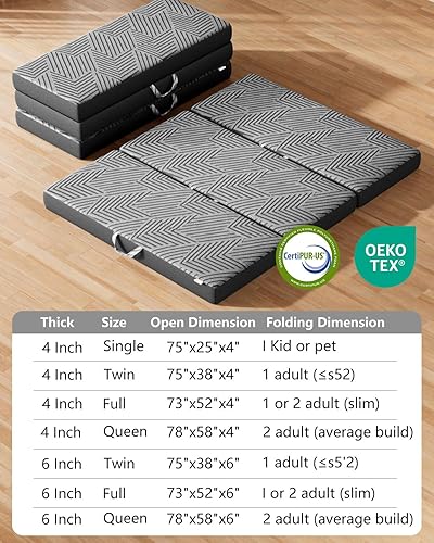 Miniatura 8 de Colchón de tres pliegues, cama plegable de espuma viscoelástica individual de 4 pulgadas, cero olor, funda extraíble 100% poliéster, asas