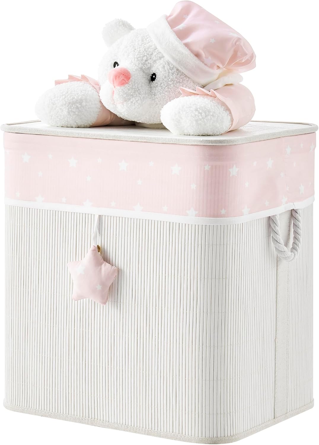 Pink/Cream Collapsible Folding Bamboo Kids Plush Laundry Hamper Toy Storage with Liner and Handles - Sleepy Teddy Bear
