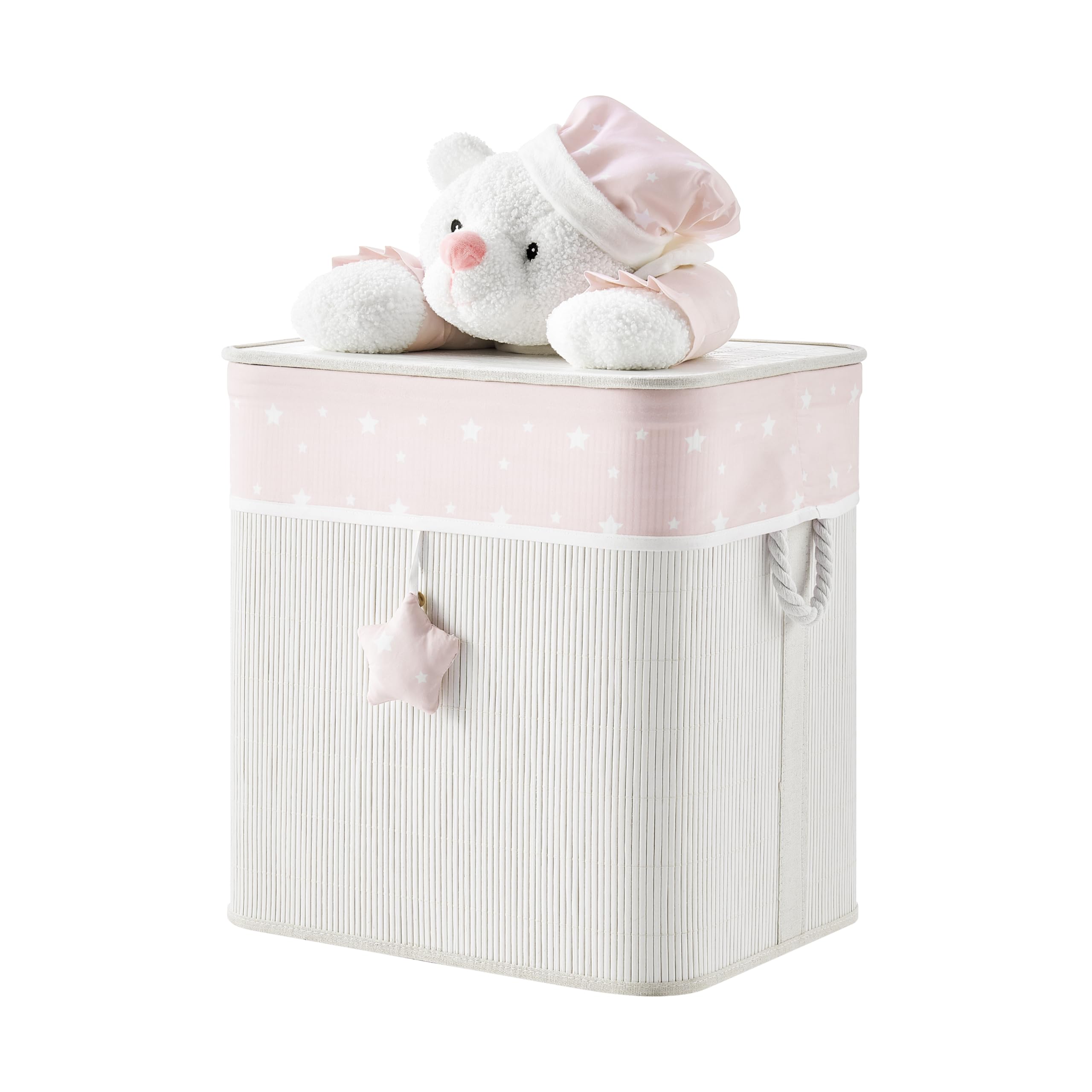 Pink/Cream Collapsible Folding Bamboo Kids Plush Laundry Hamper Toy Storage with Liner and Handles - Sleepy Teddy Bear
