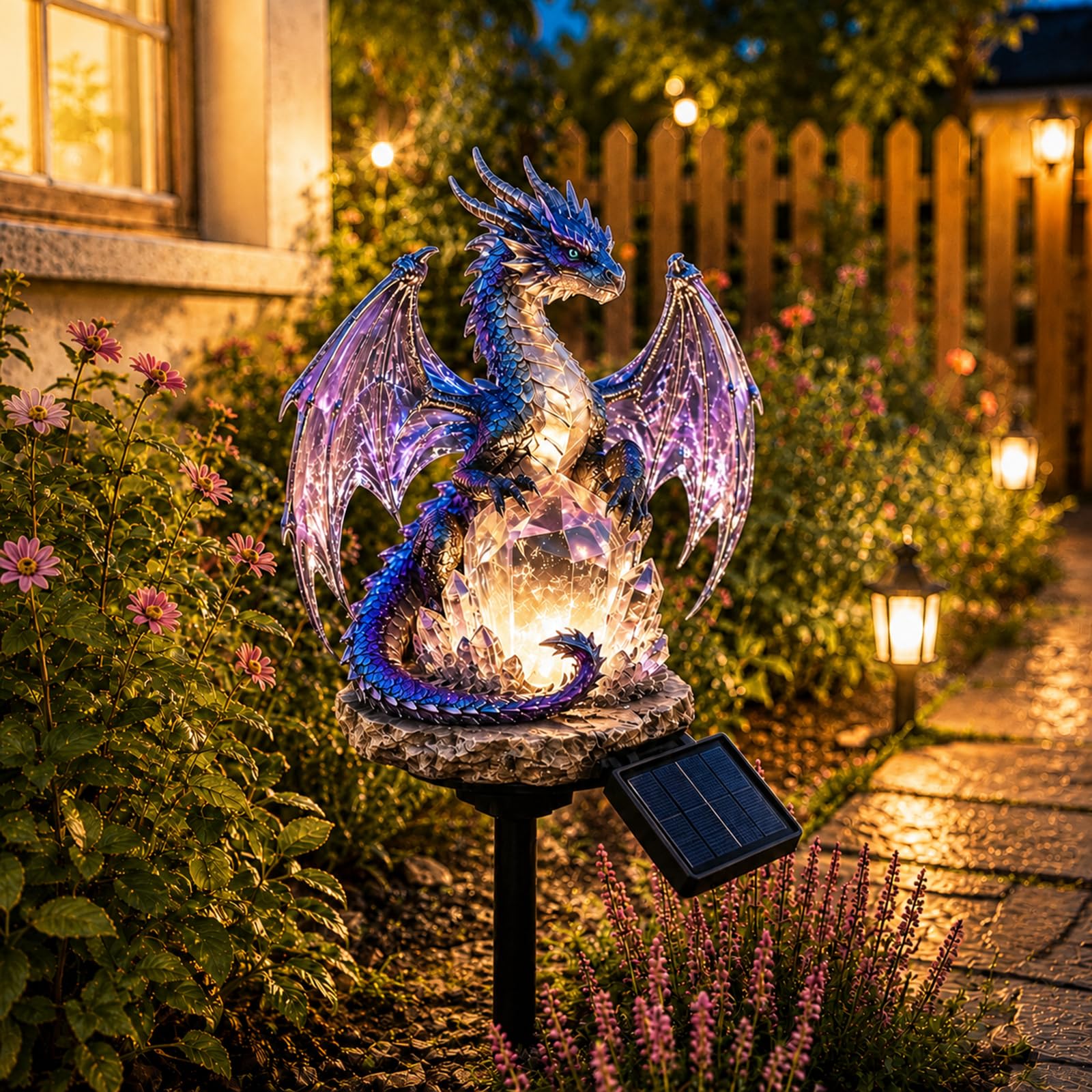FCOFDRS Solar Dragon Garden Ornaments, Halloween Solar Lights Outdoor, Resin Dragon Light, Auto Dusk-to-Dawn&Ground Stake Included, Dragon Lights Outdoor for Garden Patio Lawn Porch (Purple Dragon)