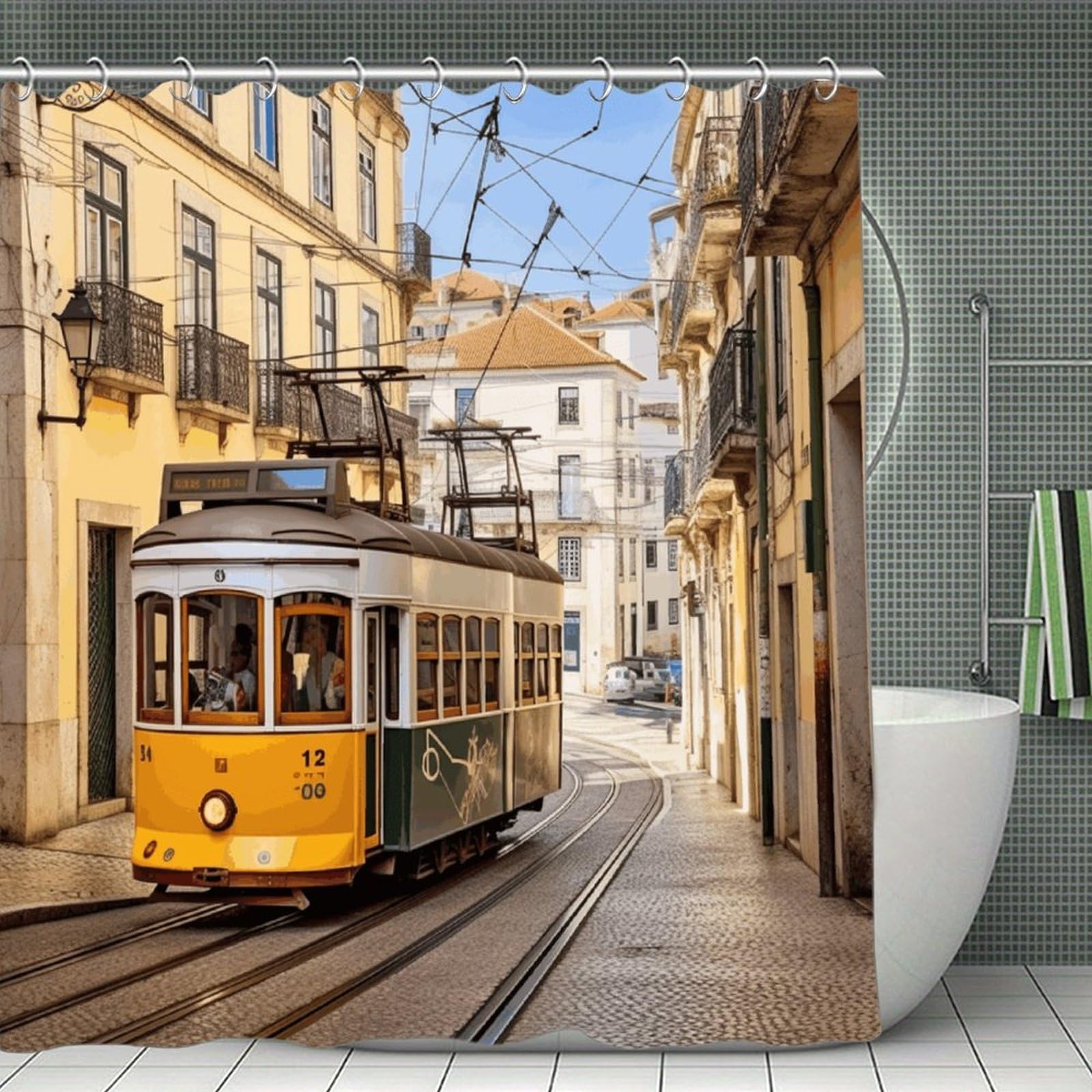 VstaDank Lisbon Tram Shower Curtain Waterproof Bathroom Curtain with Hooks Luxury Weighted Bath Curtains for Bathtubs Showers Room Dividers Decorative Shower Curtains 71x71 in
