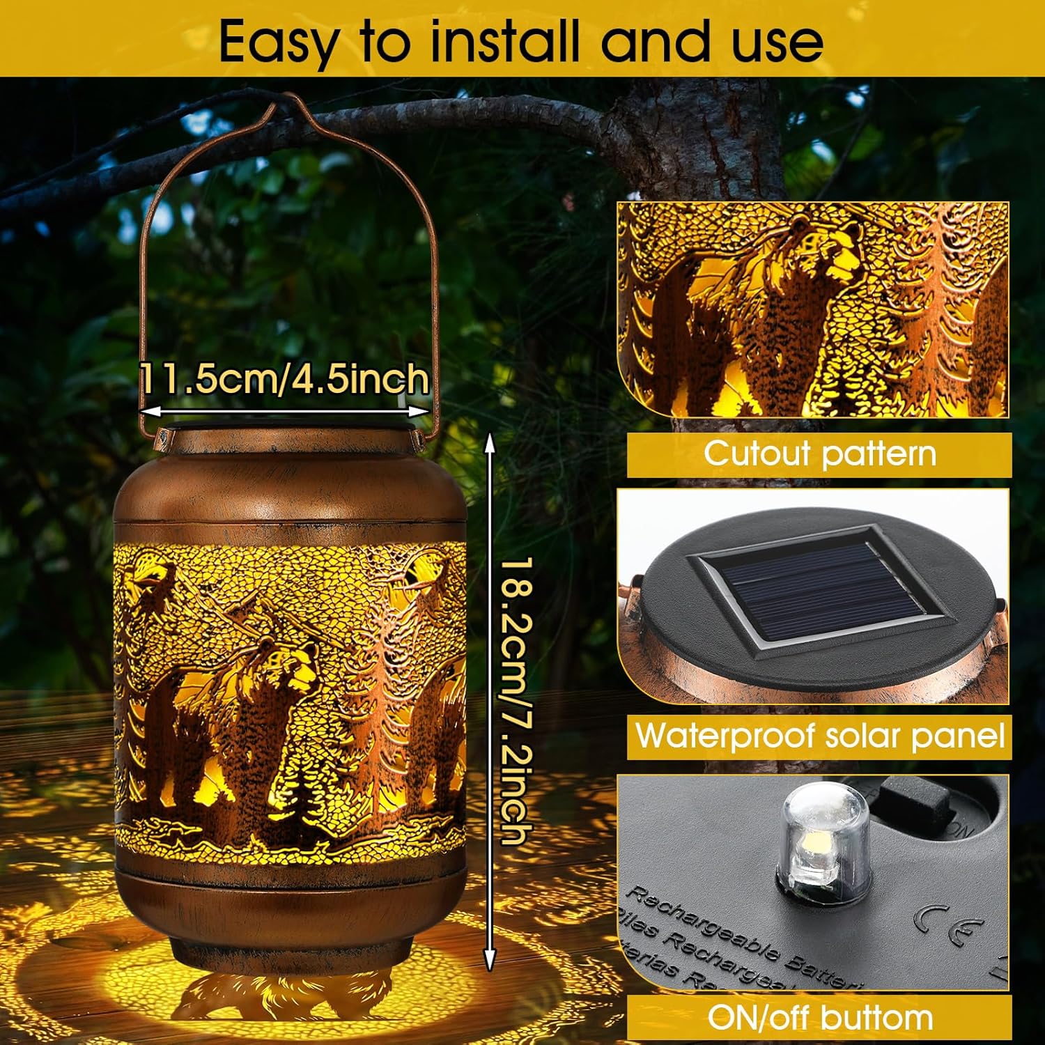 Flutesan Bear Solar Lantern Outdoor Waterproof Hanging Light Bear Solar Light Gift for Women Men Summer Xmas Metal Decorative LED Lanterns for Garden Patio Porch Tabletop Landscape