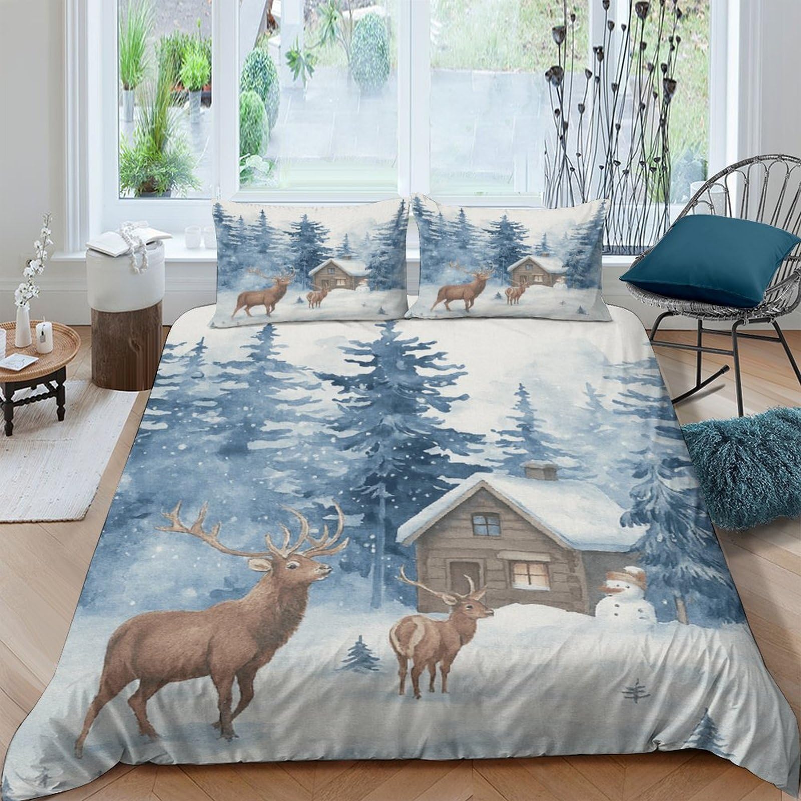 Ctjqhvkz Style-2 3D Printed Winter Forest Fitted Sheet Microfiber Soft Deer Cabin Bed Cover For Bedroom Guest Room Decor Washable Single（135X200cm）