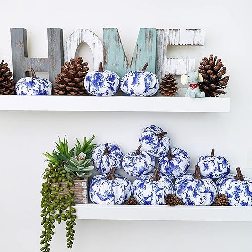 Vista 55 de Juego de 16 calabazas de terciopelo sintético surtidas, decorativas, color verde azulado, verde, gris, marfil, calabazas de espuma de tela