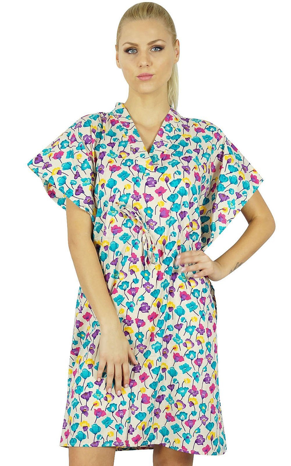 Bimba Women Printed Cotton Mini Beach Kaftan Dress Short Tunic Beachwear Caftan Cover Up Yellow