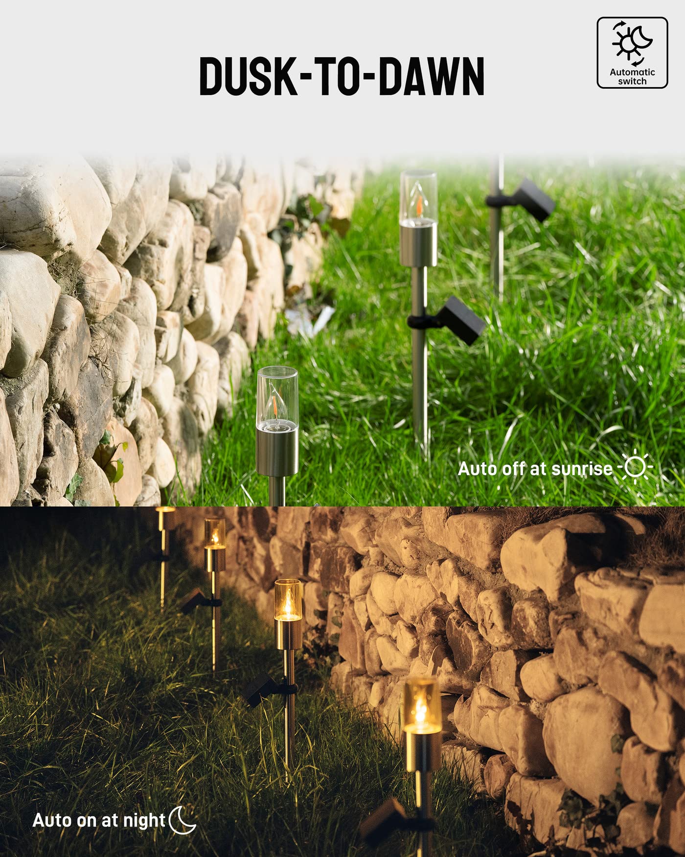 Yoolax Solar-Taschenlampen-Lichter, wasserdicht, Dämmerung bis Morgendämmerung, 2 Stück, Auto-On/Off-Landschaftslichter für Garten, Terrasse, Hof, Auffahrt (flackernde Flammen)