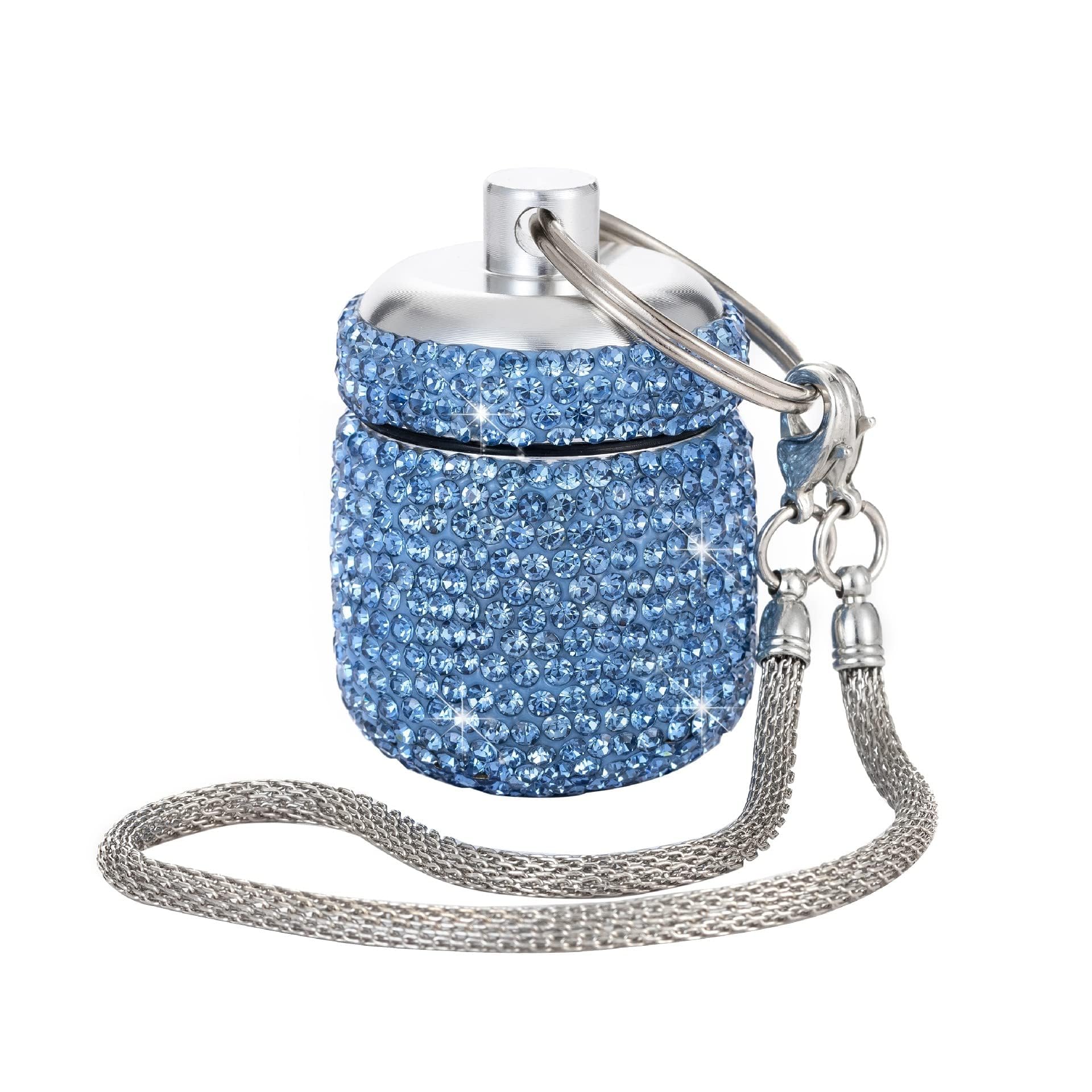 Bling Rhinestone Pill Bottle Organizer Daily Travel Pill Case Container Ring Holder Small Medicine Holder Box for Vitamin Supplement Gum with Keychain(Light Blue)