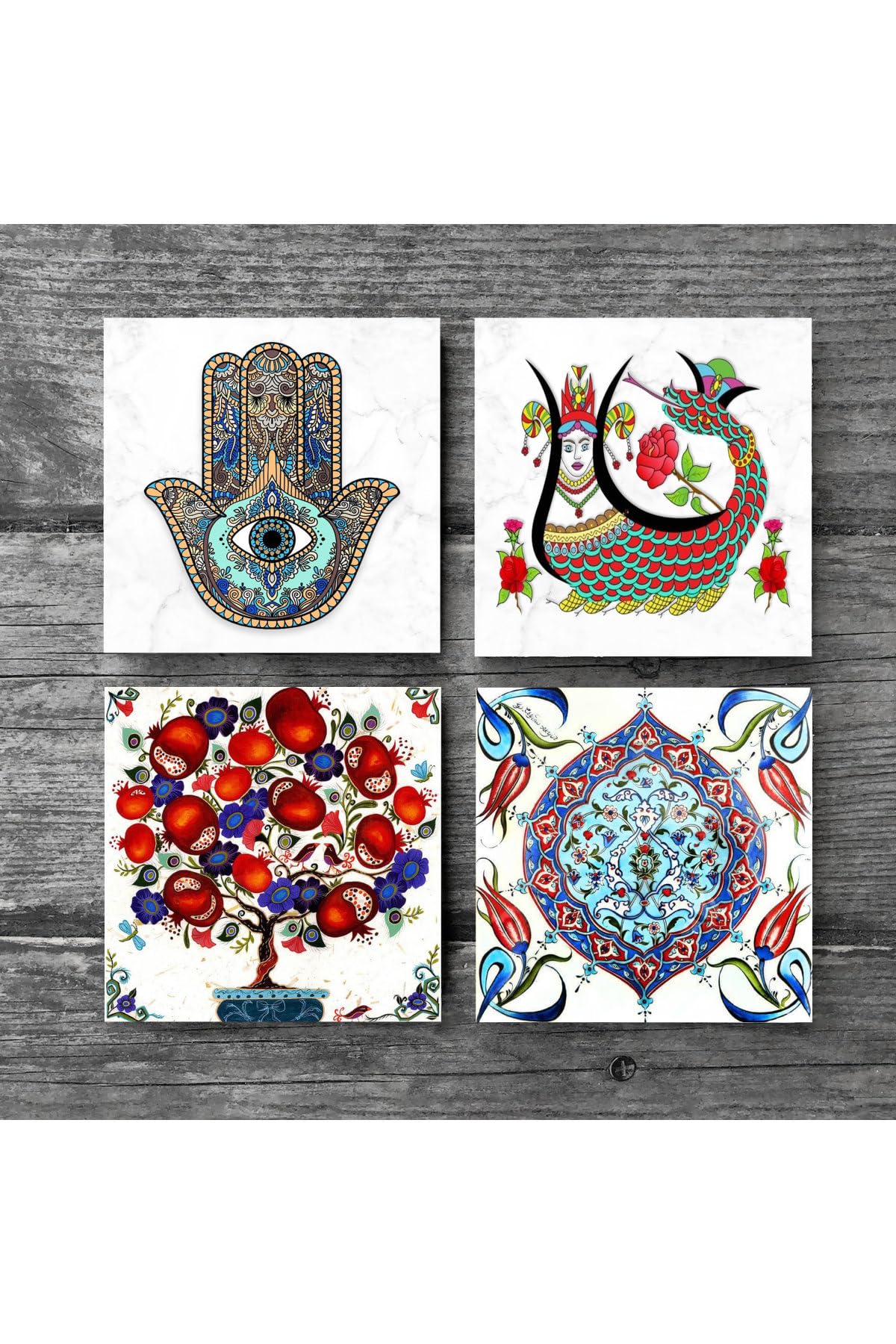 Natural Stone Coaster Set Of 4 – Sailboat, Pomegranate & Hamsa Design – 10x10cm – Handmade & Eco-Friendly - View #10