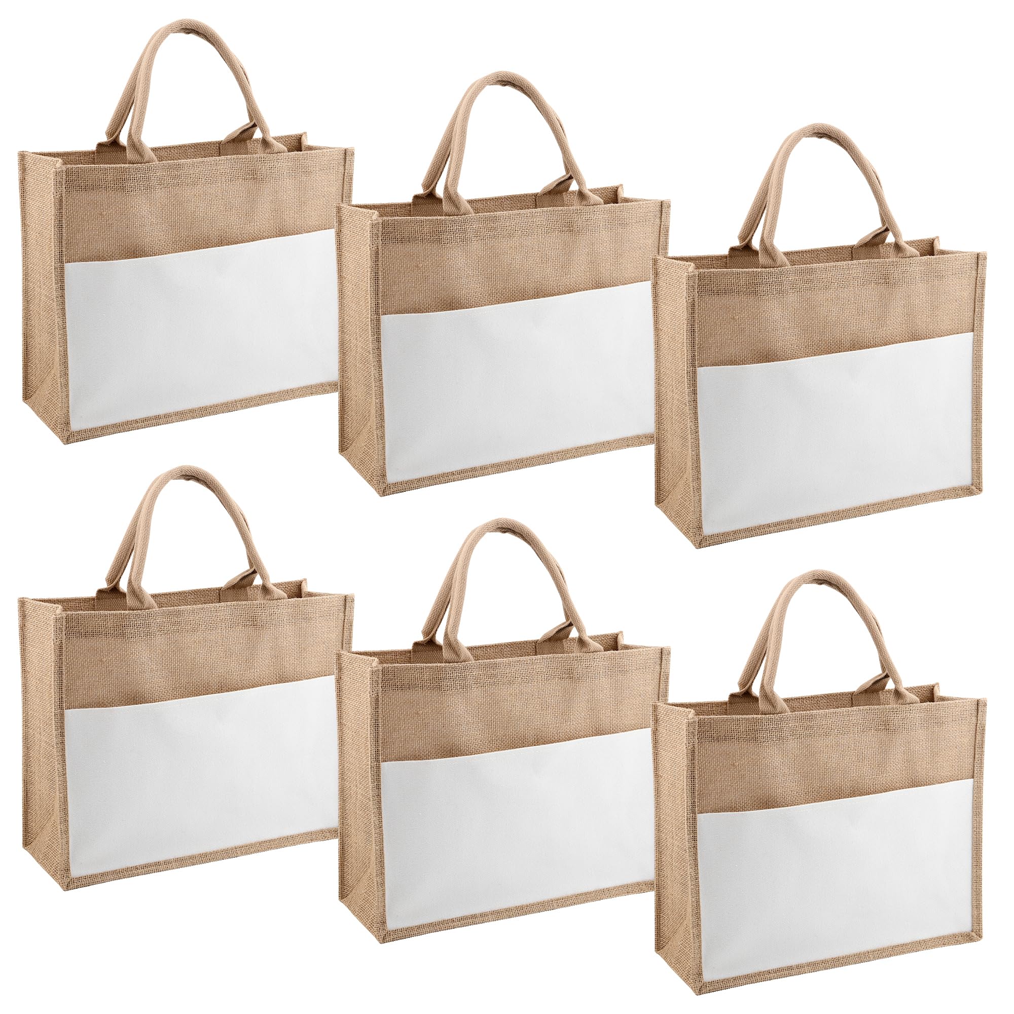 Lot de 6 grands sacs fourre-tout en toile de jute avec poignées, 37 x 30 x 13 cm, réutilisables, pour mariage, fête, plage